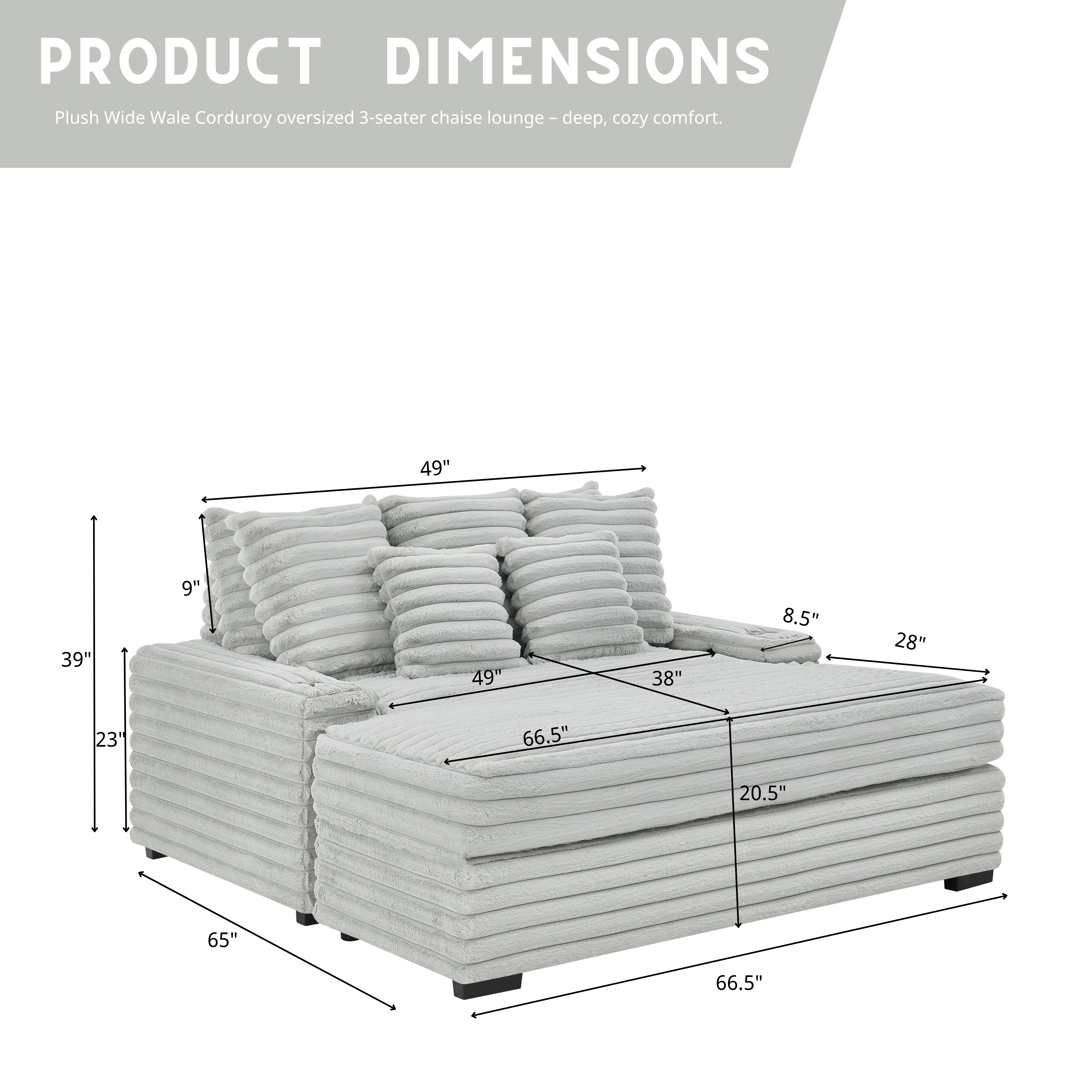 Roundhill Furniture Gaviella Plush Wide Wale Corduroy Oversized Multi-Functional Chaise Lounge - Comfortable Sofa Bed for Living Room, Bedroom & Home Theater Relaxation