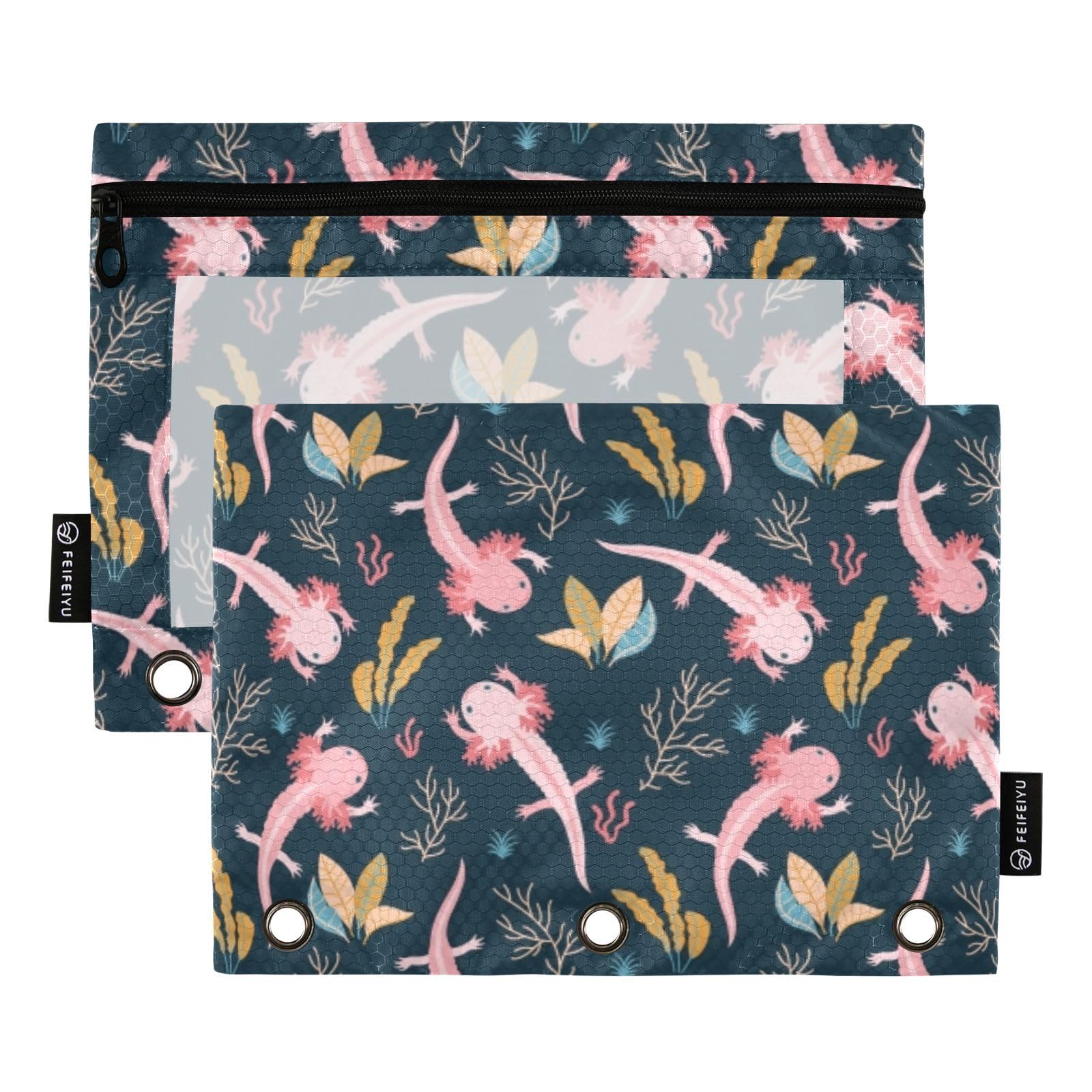 2 Pack Cute Axolotl Pencil Pouches for 3-Ring Binders - Zippered School & Office Organizer with Reinforced Grommets - Perfect for Students, Teachers & Back to School Supplies