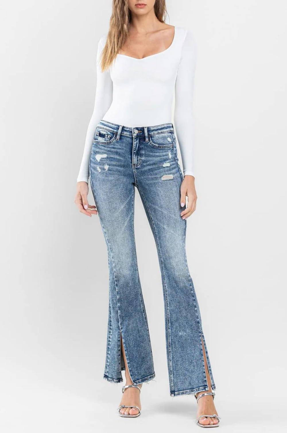 Flying Monkey F5171 High Rise Split Hem Distressed Flare Jeans for Women | Vintage 70s Inspired Denim Pants | Perfect for Casual Outfits, Music Festivals & Boho Style