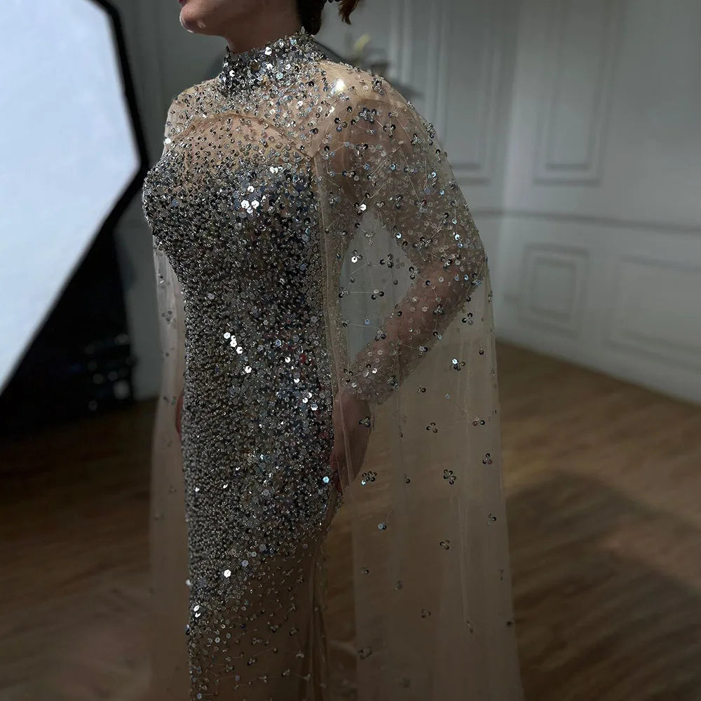 Serene Hill Luxury Muslim Gold Mermaid Evening Dress with Elegant Cape Sleeves & Beaded Details - Dubai Style Formal Gown for Women 2025 | Perfect for Weddings, Galas & Special Occasions