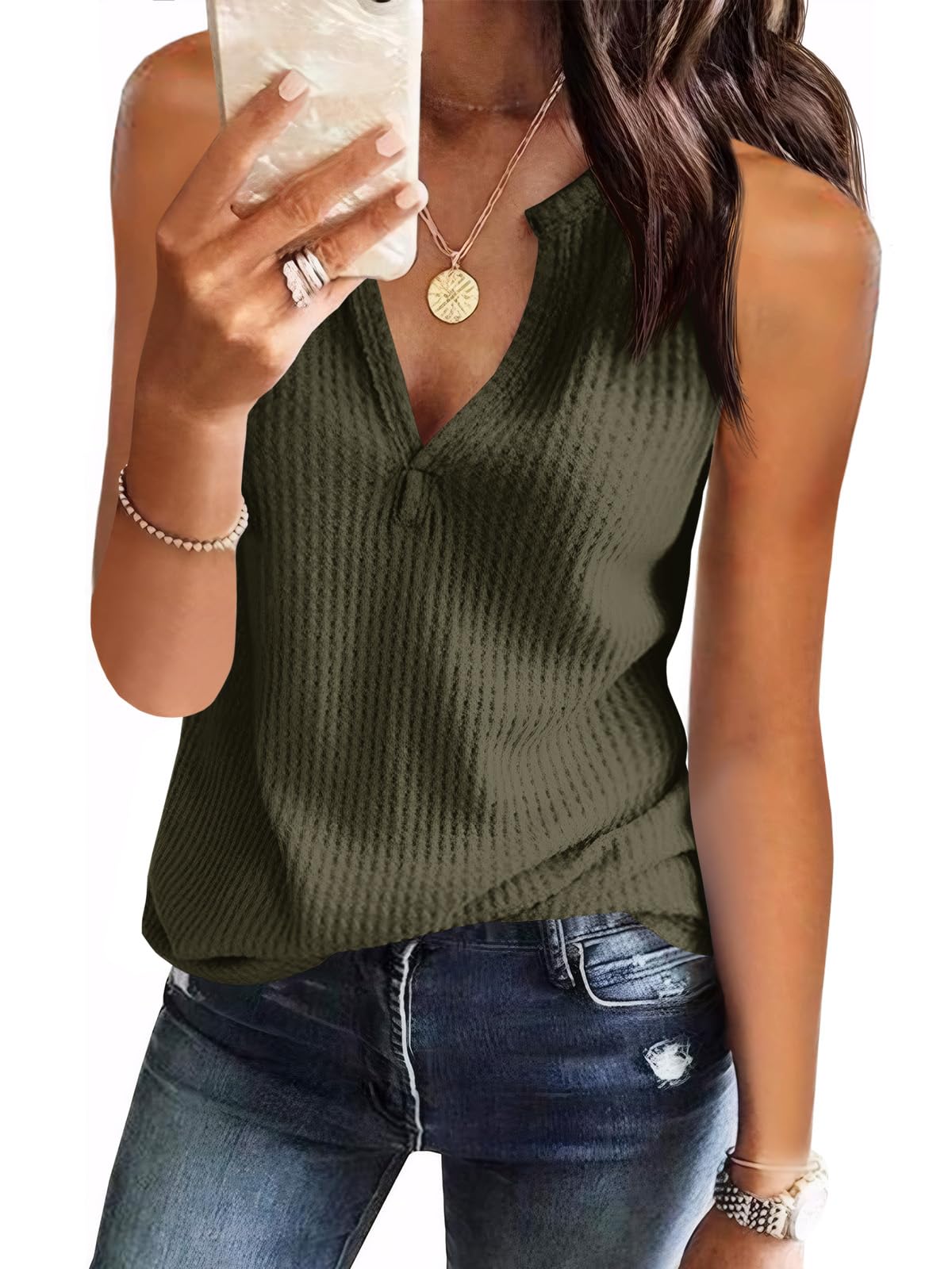 Women's V-Neck Waffle Knit Tank Tops - Summer Casual Sleeveless Loose Fit Tee Shirts for Beach, Yoga, and Everyday Wear