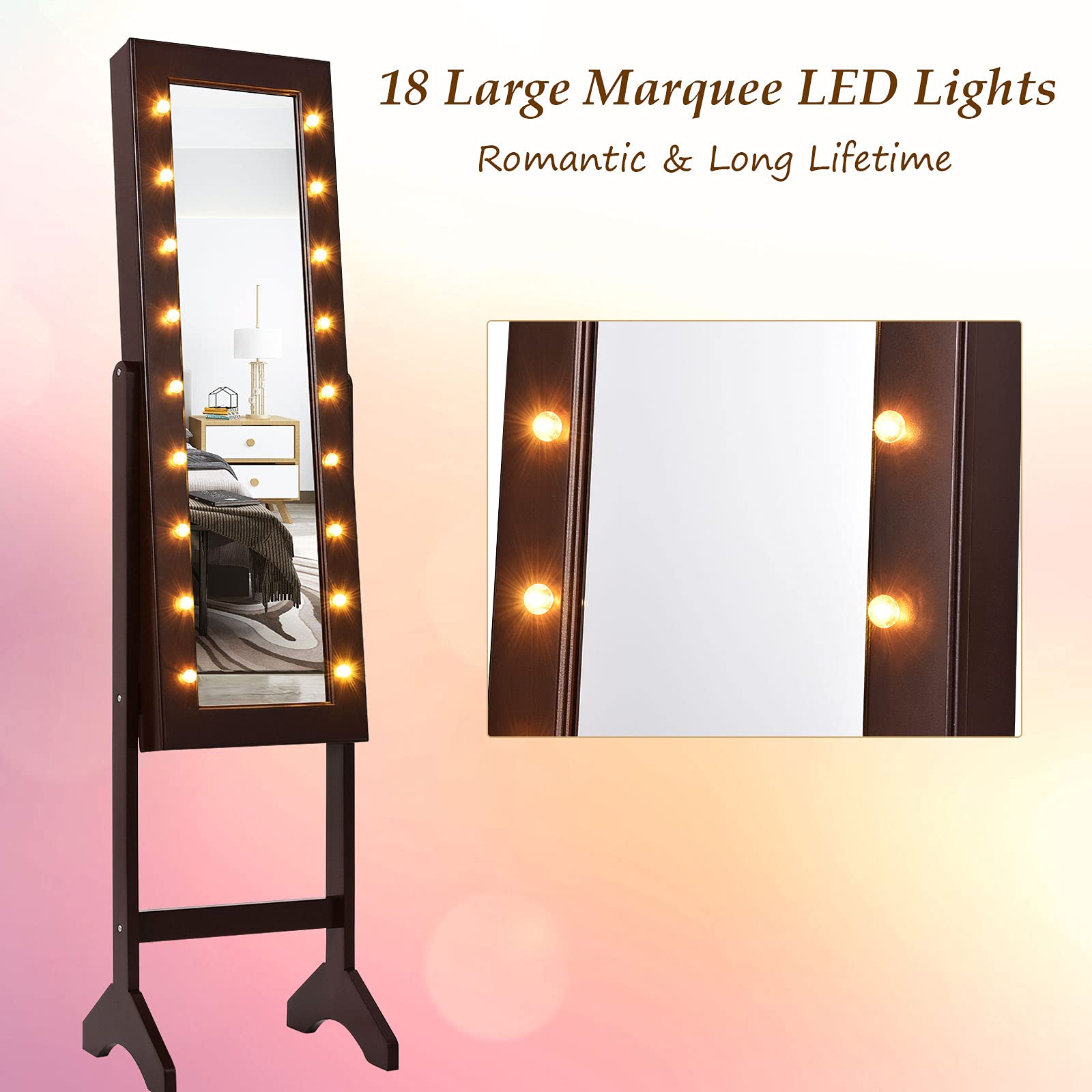 LDAILY Standing Jewelry Armoire with 18 LED Lights - Full Length Mirror Jewelry Cabinet Organizer for Necklaces, Earrings & Accessories - Large Storage Jewelry Stand for Women & Girls (Brown) - Perfect for Bedroom, Dressing Room & Closet Organization