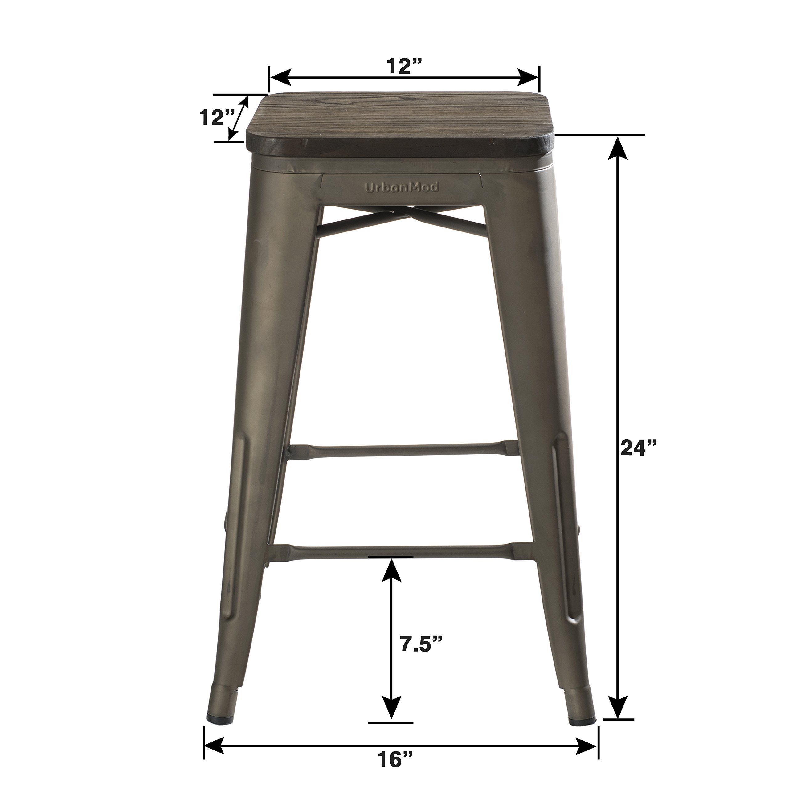 24 Inch Bar Stools for Kitchen Counter Height - Indoor/Outdoor Metal Barstools with Rustic Gunmetal Finish & Wooden Seat - Perfect for Kitchen Islands, Patios, and Home Bars