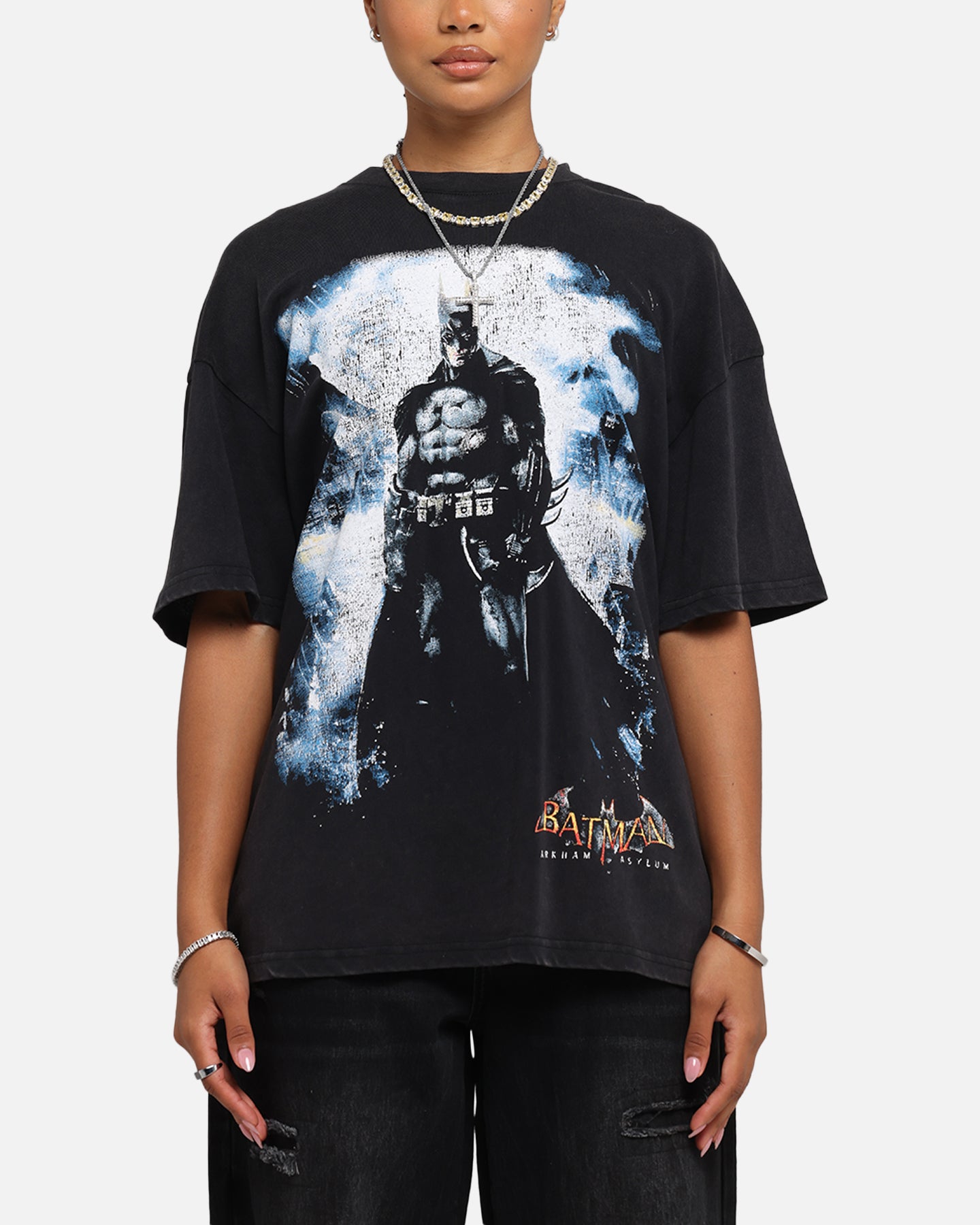 73 Studio X DC Batman Arkham Asylum Vintage Graphic Tee - Black Acid Wash Distressed Cotton T-Shirt for Men - Perfect for Comic Con, Cosplay & Batman Fans