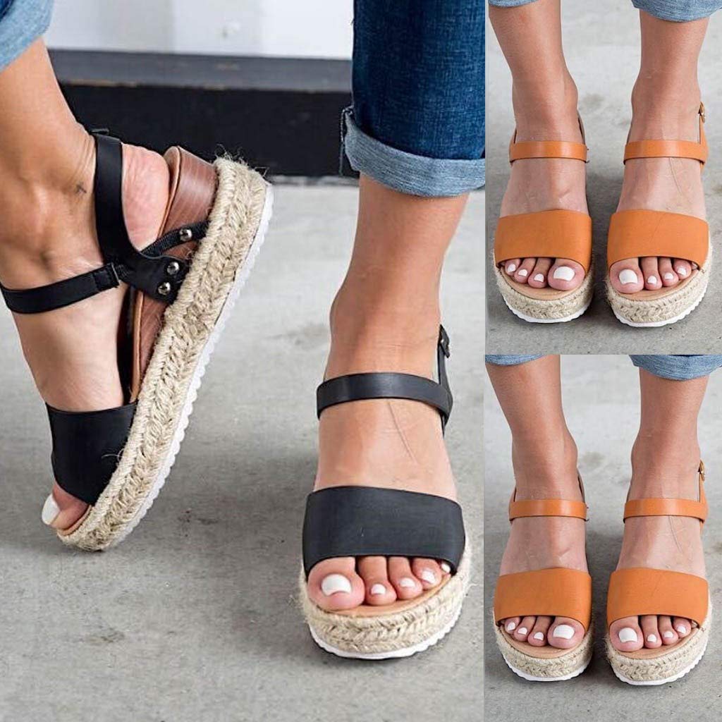 Women's Wide Width Wedge Sandals with Ankle Buckle - 2020 Fashion Summer Beach Sandals, Open Toe Espadrille Platform Shoes for Walking, Vacation & Outdoor Activities
