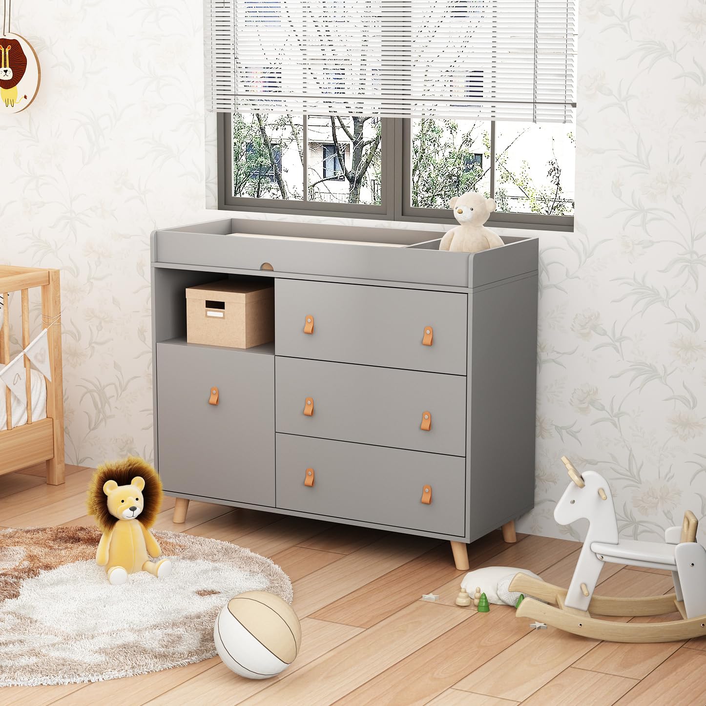2-in-1 Baby Dresser Changing Table with Drawers & Hidden Laundry Basket - Nursery Storage Organizer for Diapers, Clothes & Baby Essentials - Perfect for Daycare, Bedroom & Nursery (Grey)