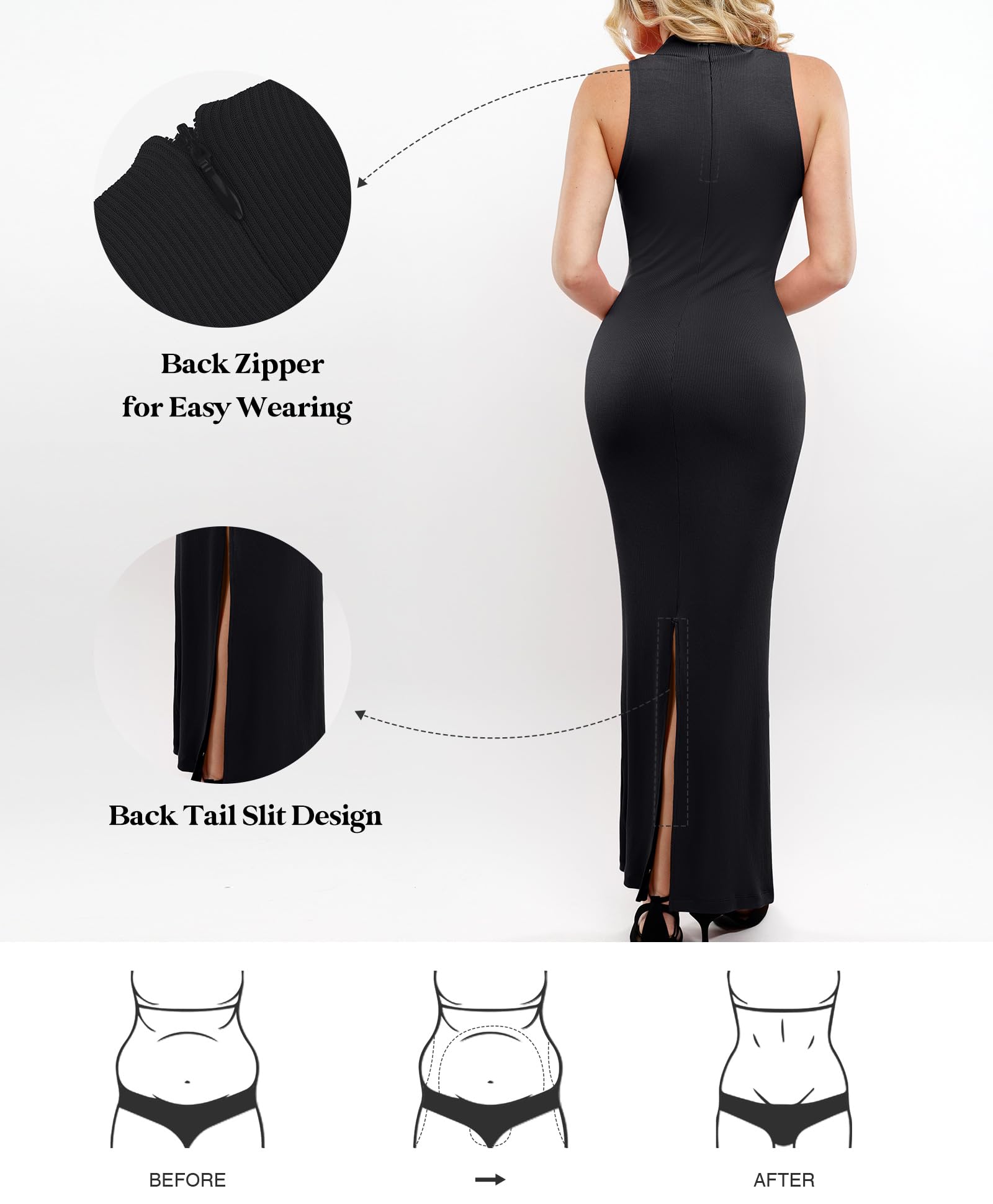 Popilush Shapewear Dress with Built-in Bra - Slimming Maxi Bodycon Dress, Mock Neck Sleeveless Summer Dress for Women | Perfect for Weddings, Parties & Date Nights