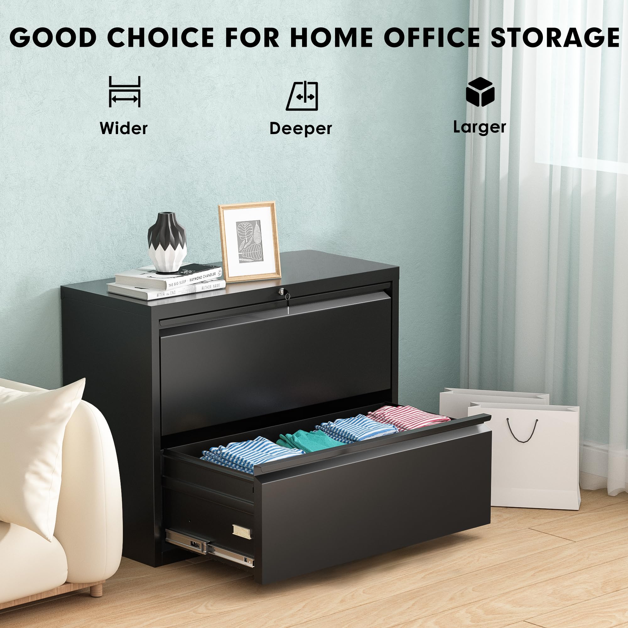 Pataku 2-Drawer Lateral File Cabinet with Lock - Black Metal Filing Cabinet for Home Office, Organize Hanging Files, Letters, Legal, F4 & A4 Documents - Perfect for Office Storage & Home Workspace Organization