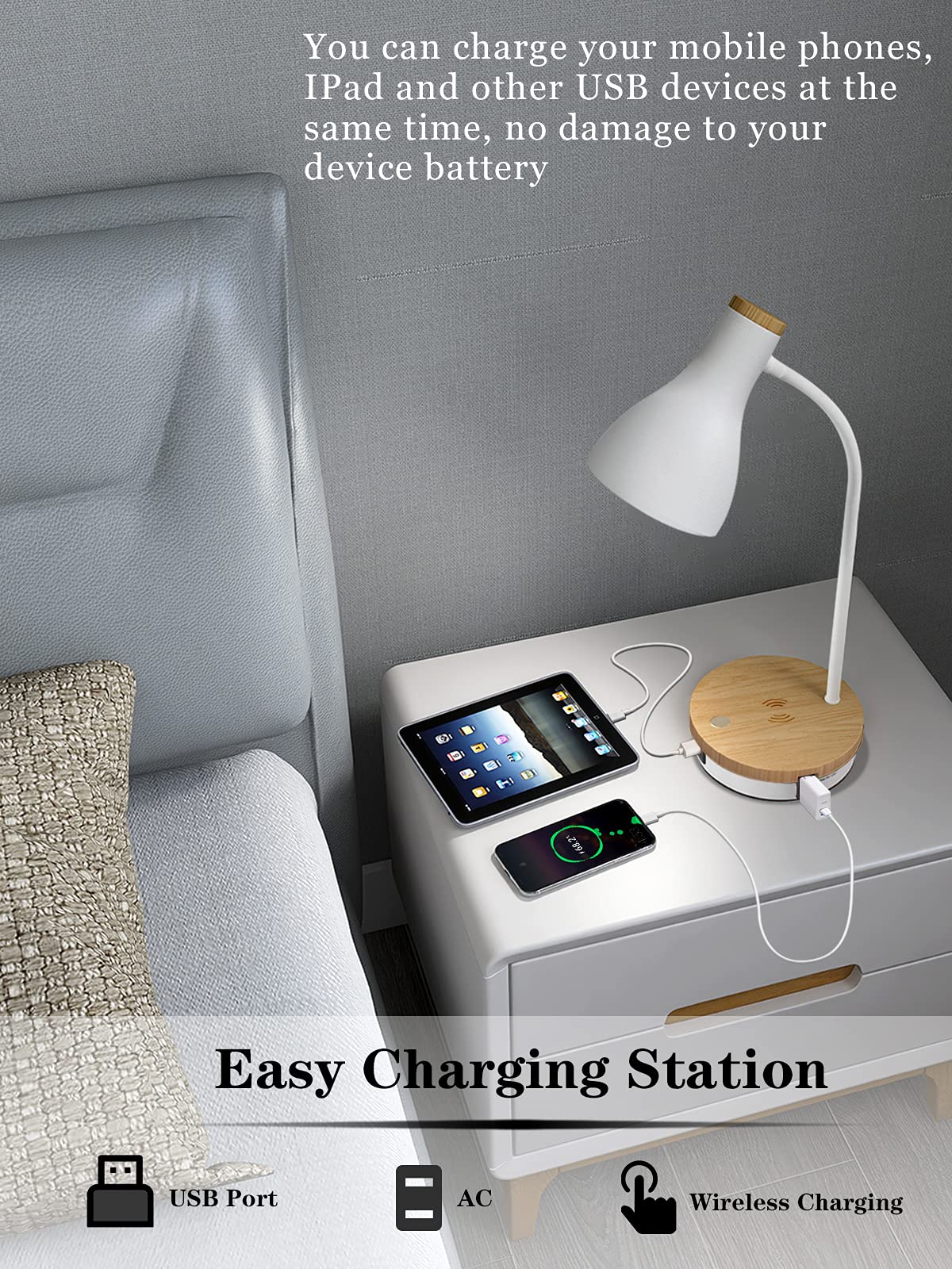 Wireless Charging Metal Desk Lamp - 3-Way Dimmable Touch Control LED Reading Light with USB Ports for Bedroom, Study, Office | Modern Arc Design for Nightstand & Workspace (White)