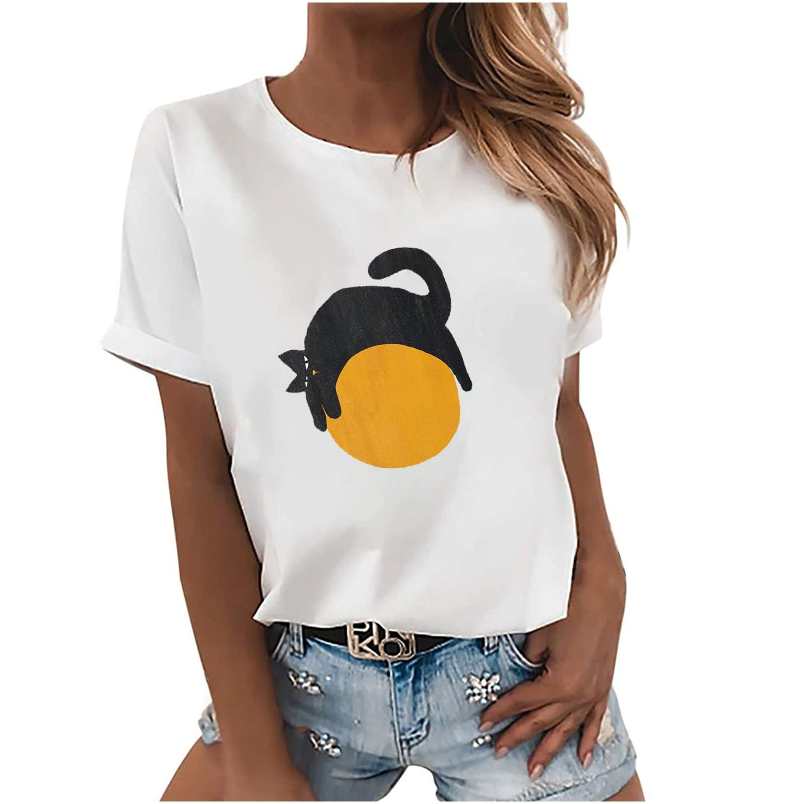 Women's Cute Cat & Orange Graphic Crop Tops - Short Sleeve Kawaii T-Shirts for Summer | Casual Crewneck Blouse for Streetwear, Dating & Vacation Outfits