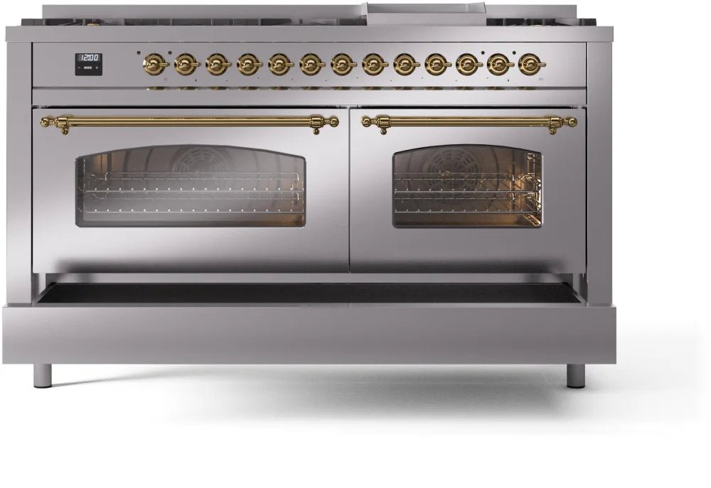 ILVE Nostalgie II 60-Inch Dual Fuel Natural Gas Range with Brass Trim - Stainless Steel Professional Stove for Gourmet Cooking | Perfect for Home Chefs & Luxury Kitchens