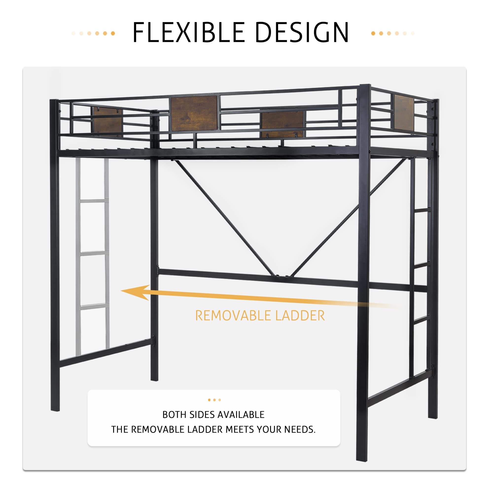 Rustic SHA CERLIN Twin Loft Bed with Ladder & Guardrail - Space-Saving Metal Slat Design (No Box Spring Needed) - Perfect for Small Bedrooms, Dorms & Studio Apartments