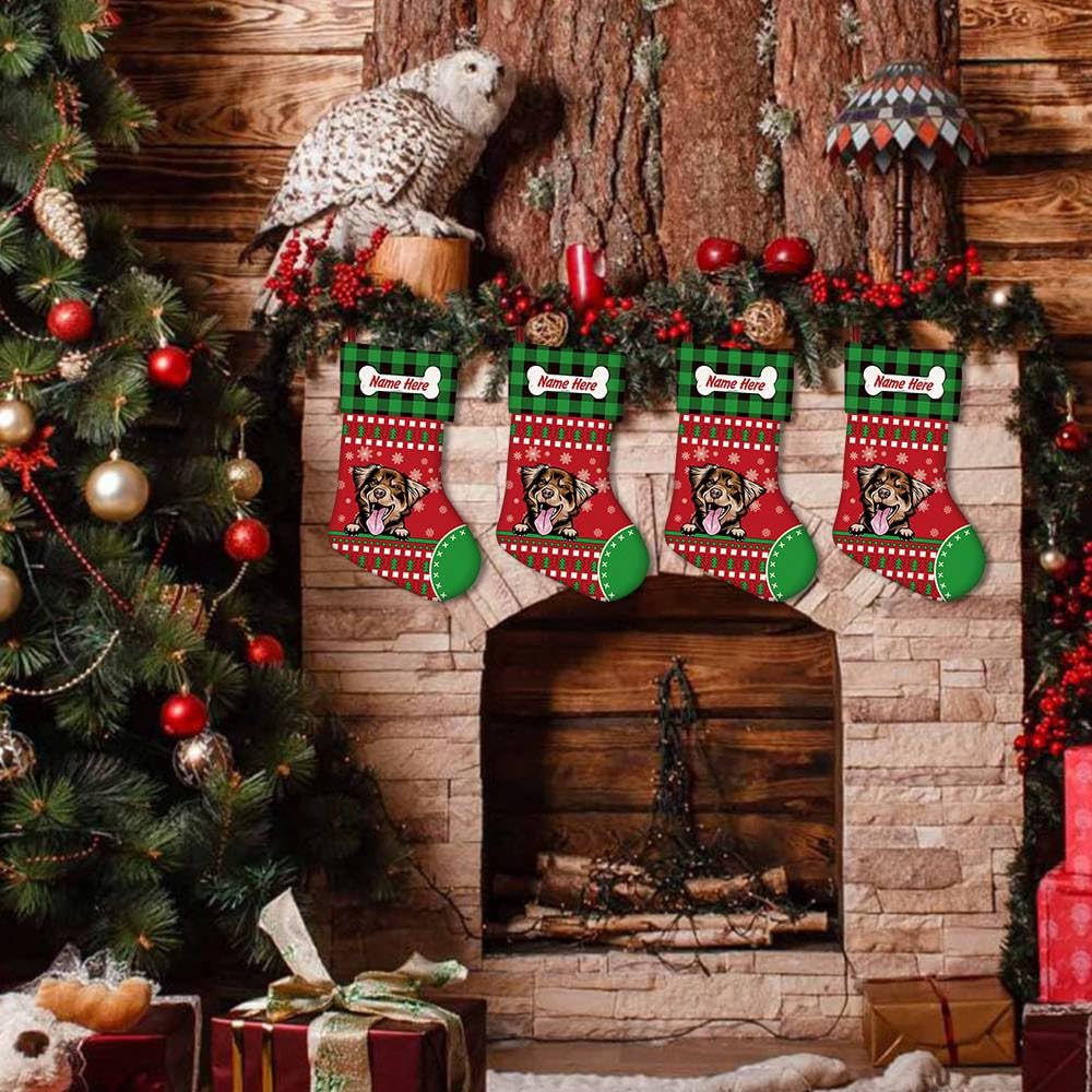 Personalized Merry Christmas Red Stocking with Cute Boston Terrier Dog & Bone Print - Buffalo Plaid Snowflake Design - 14.4 Inch Holiday Decor for Fireplace Mantel, Gift Exchange & Festive Home Decor