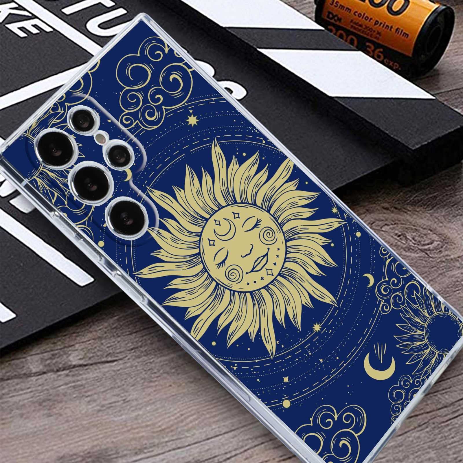 Samsung Galaxy S22 Ultra Case - Celestial Golden Sun Moon & Cloud Soft TPU Clear Phone Cover for Women | Trendy Protective Case for Everyday Use, Work & Travel