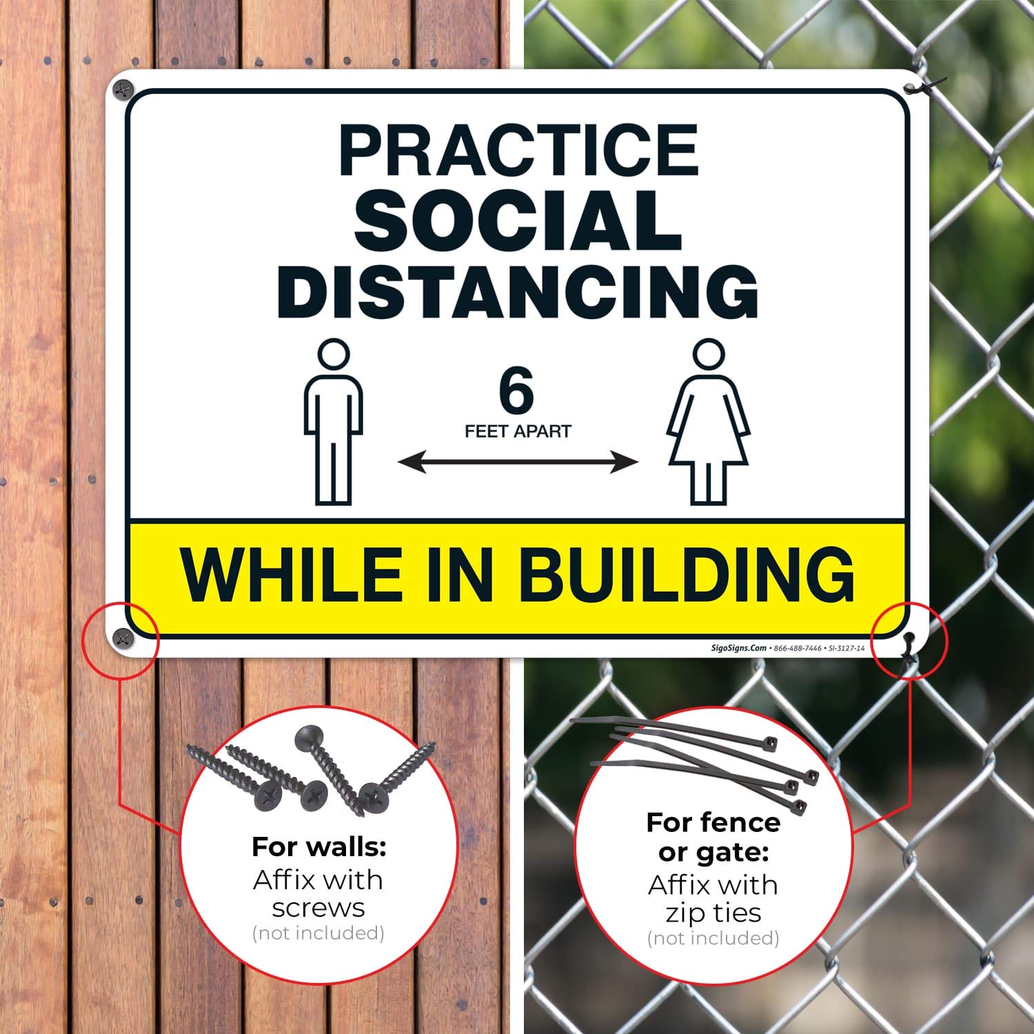Social Distancing Sign - 10x14 Inches Rust-Free Aluminum, Fade Resistant - Easy Mount Indoor/Outdoor Safety Sign for Offices, Stores & Public Spaces - Made in USA