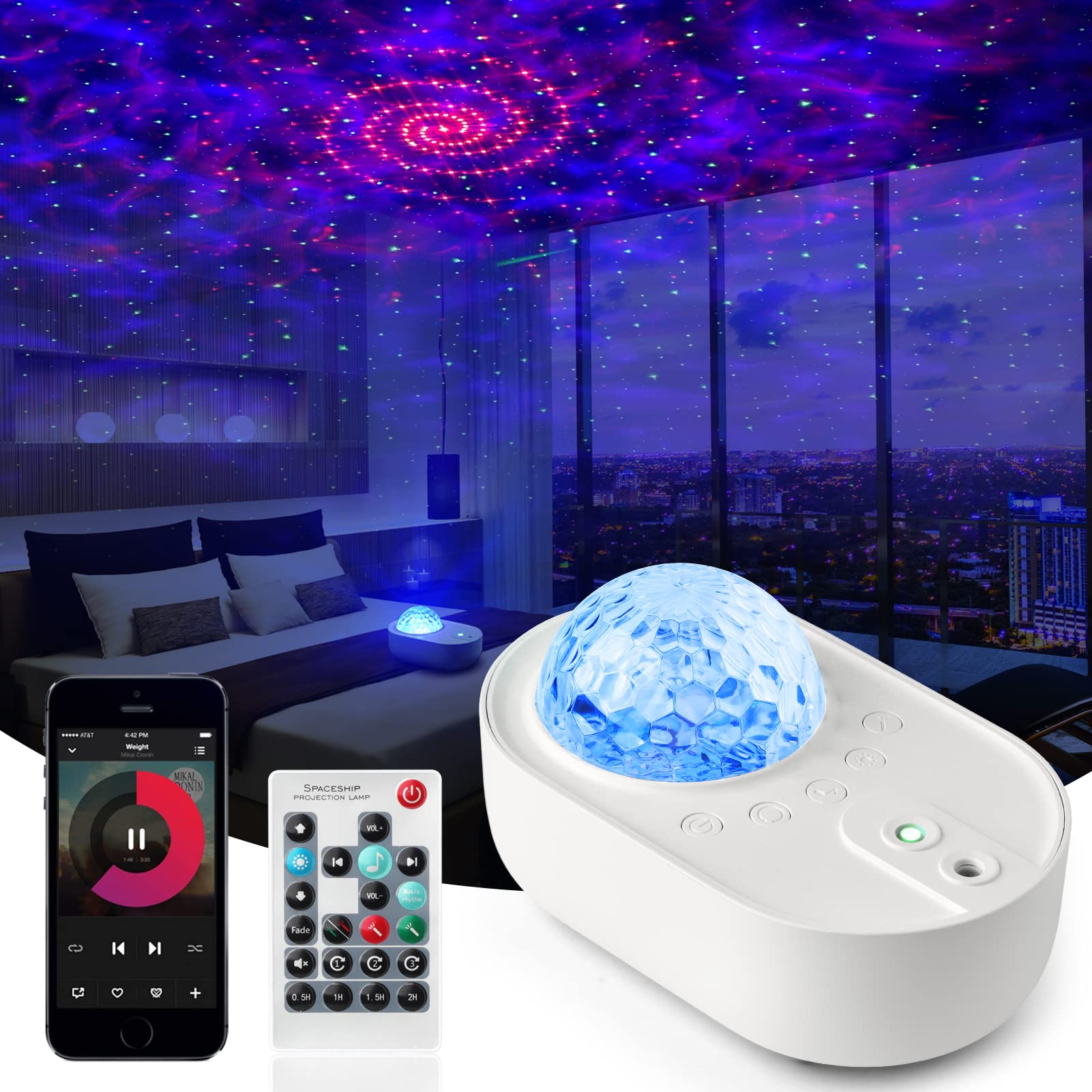 3-in-1 Galaxy Star Projector Night Light with Bluetooth Speaker & White Noise | Remote Control | Home & Bedroom Decor | Perfect Christmas & Birthday Gift for Kids, Women & Men (White) - Create Relaxing Atmosphere for Nursery, Meditation & Romantic Nights