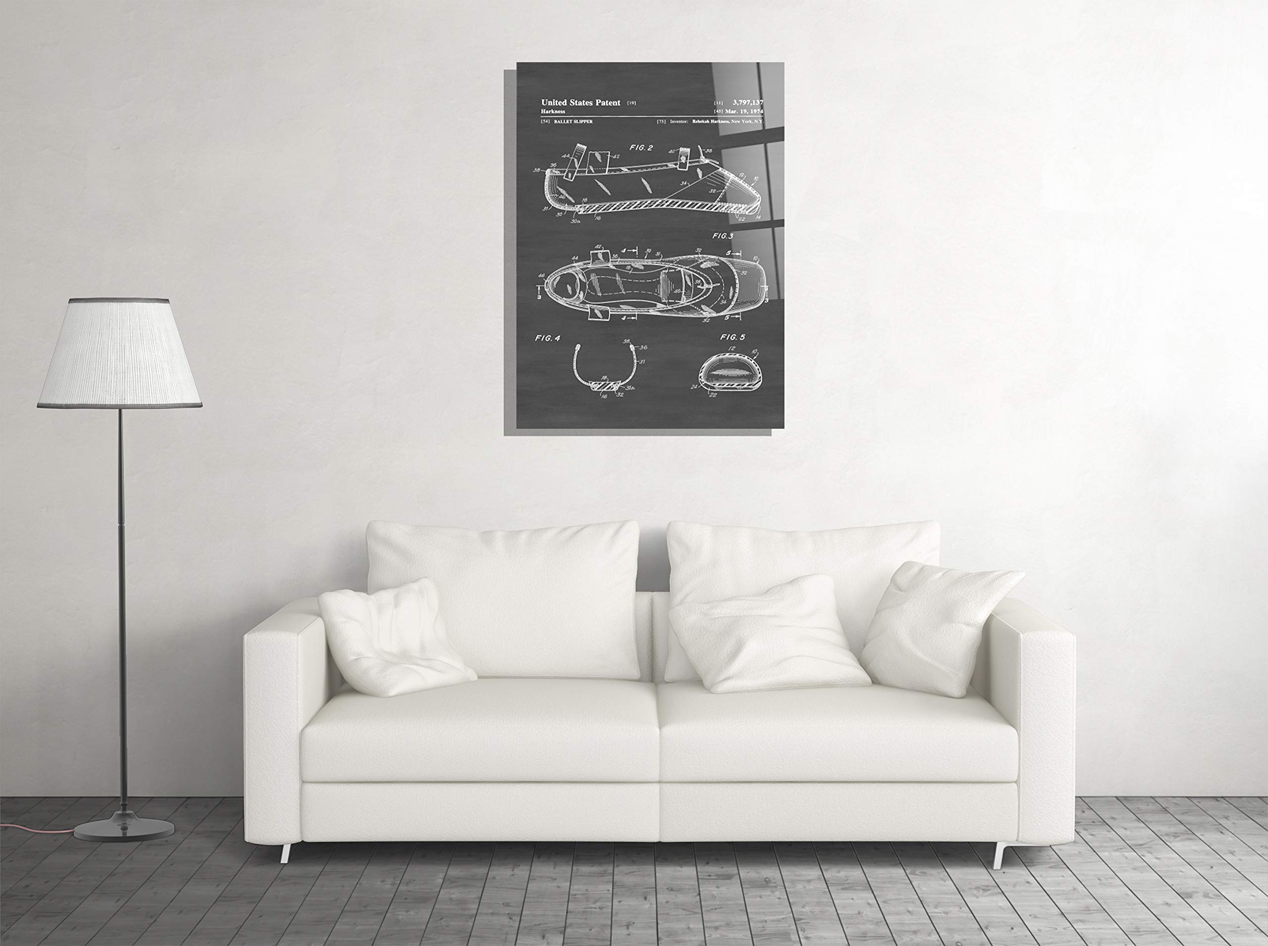 Elegant Ballet Slippers Patent Blueprint Glass Wall Art - Unique Home Décor Gift for Dancers & Dance Lovers - Perfect for Bedroom, Living Room, or Dance Studio Decor