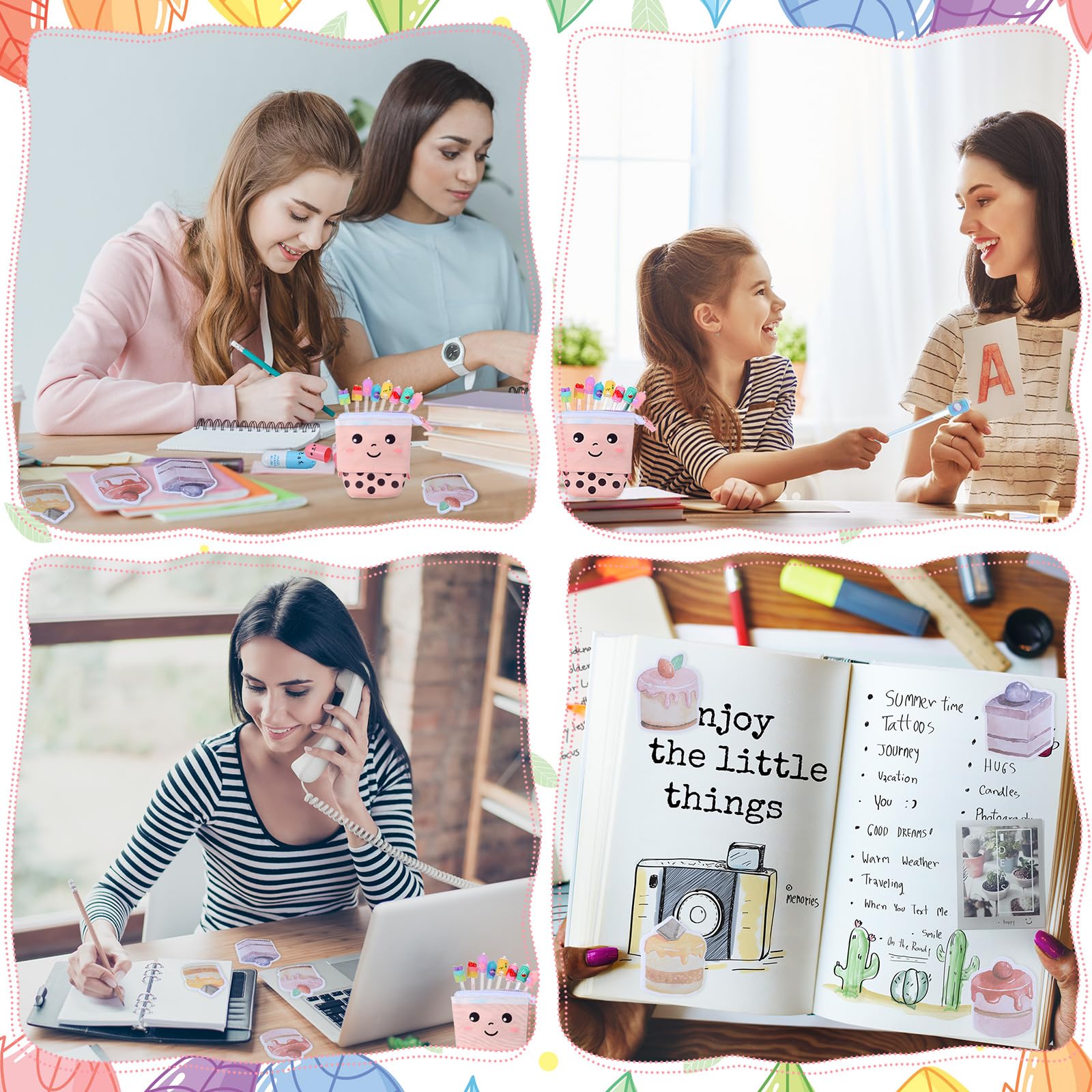 Sabary 228 Pcs Kawaii Stationery Set with Telescopic Boba Pencil Pouch, Gel Pens, Sticky Notes, Bubble Tea Stickers & Highlighters - Cute School & Office Supplies for Students, Back to School, Christmas Gifts (Vivid Colors)