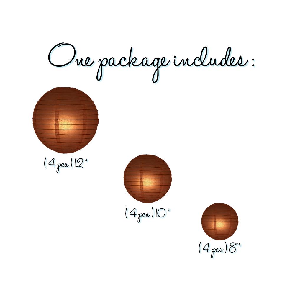 12-Piece Brown Paper Lantern Decoration Set - 12/10/8 Inch Hanging Party Lights for Wedding, Birthday, Festival & Home Decor