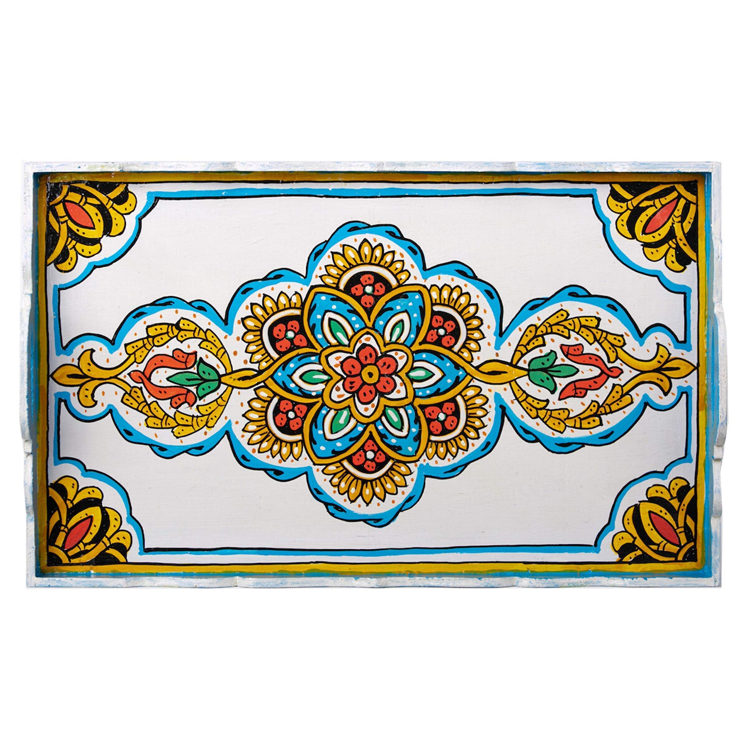 Hand Painted Moroccan White Decorative Serving Tray - Waterproof Acrylic Painting Bohemian Arabesque Home Decor (Dark Blue) | Perfect for Coffee Table Centerpiece, Wall Display & Gift Giving