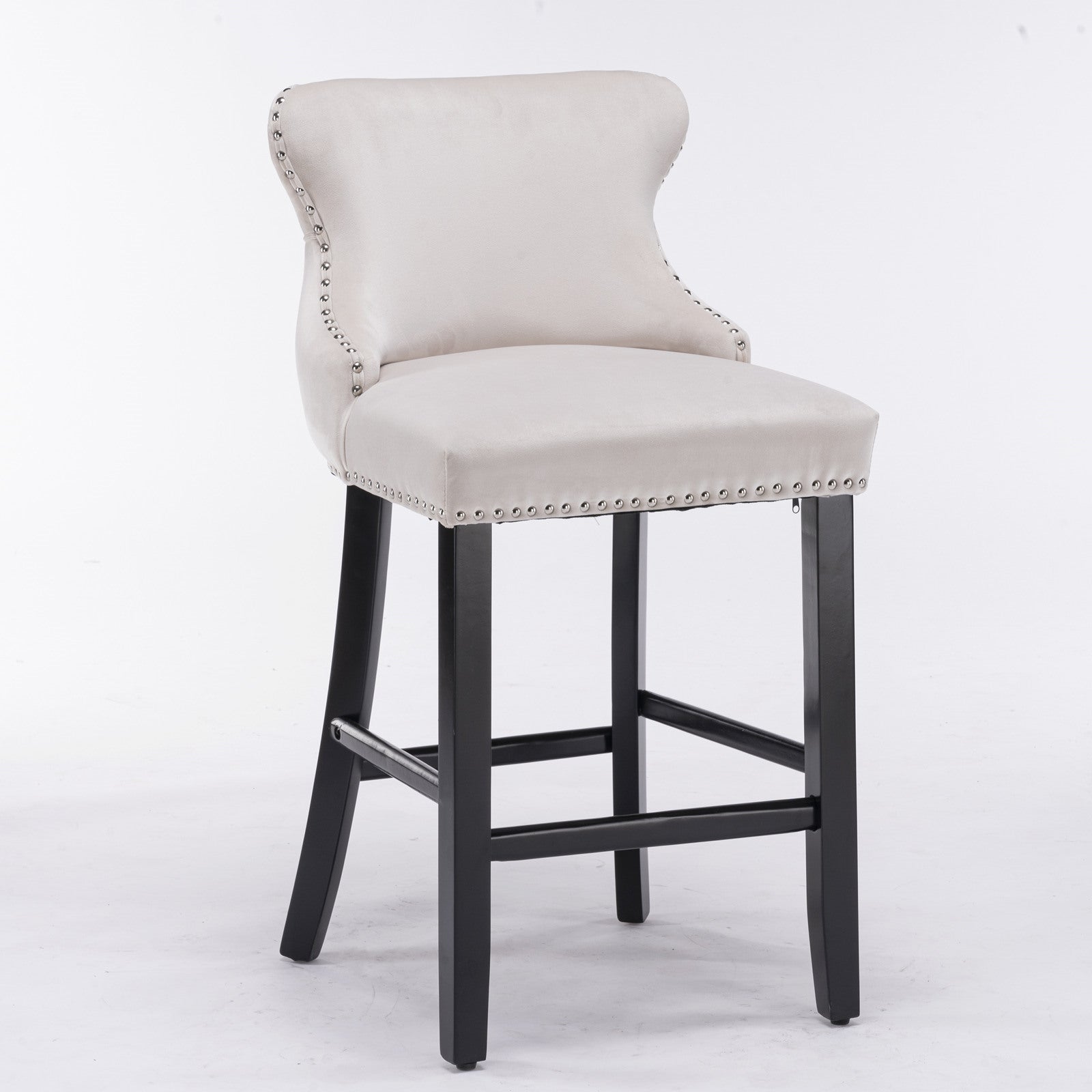 Contemporary Velvet Upholstered Wingback Bar Stools - Set of 4 Beige Bar Chairs with Button Tufted Design, Wooden Legs & Chrome Nailhead Trim | Perfect for Kitchen Islands, Home Bars & Modern Dining Areas