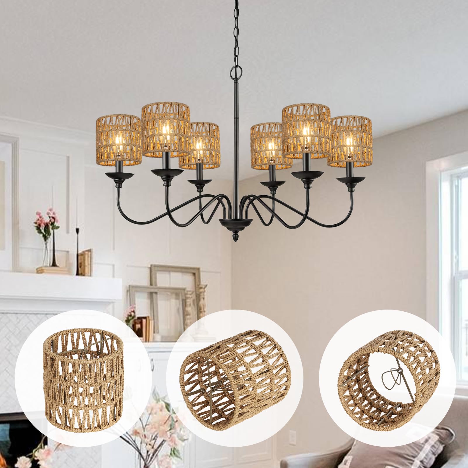 6-Pack Small Rattan Lamp Shades - 5.1x5.1 Inch Boho Clip-On Chandelier Shades, Mini Cylinder Woven Lampshade Replacement for Floor Lamps, Pendant Lights & Wall Sconces - Perfect for Living Room, Bedroom & Boho Home Decor