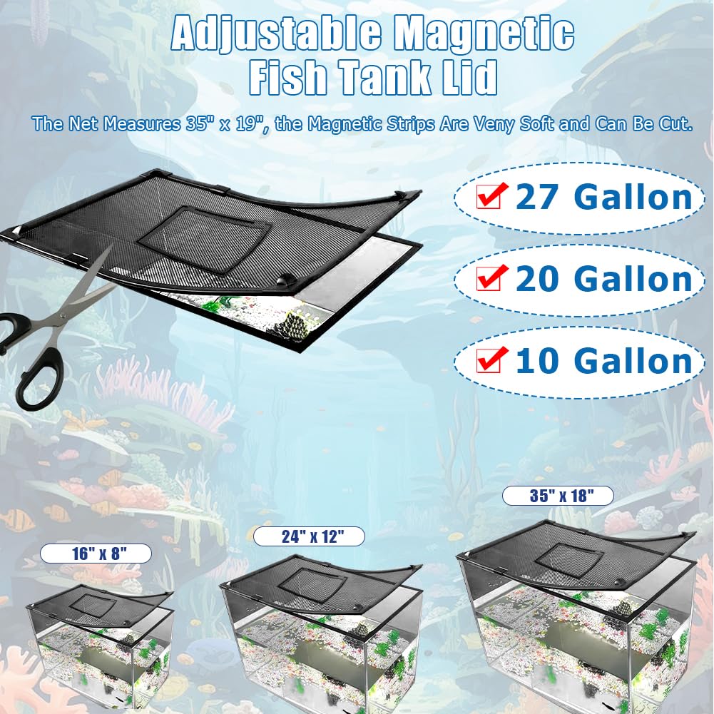 SEILETOO Magnetic Fish Tank Lid with Feeding Window - High Transparency Adjustable Aquarium Cover, Anti-Jump Fish Tank Net - Custom Cut to Any Size for Freshwater & Saltwater Tanks (Perfect for Betta, Goldfish, Shrimp Tanks)