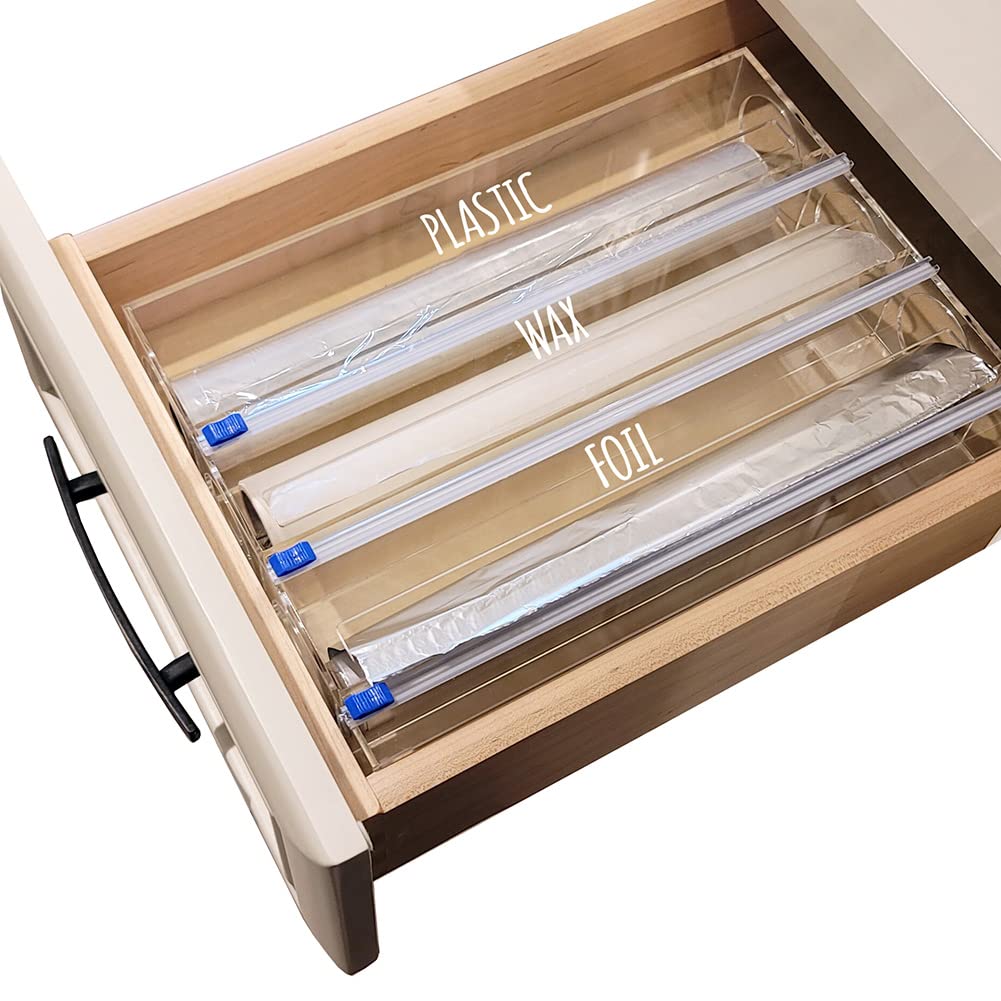 Premium Acrylic 3-in-1 Plastic Wrap, Wax Paper & Aluminum Foil Dispenser - Drawer or Wall Mountable Kitchen Organizer (Clear) - Perfect for Food Storage, Meal Prep & Countertop Organization