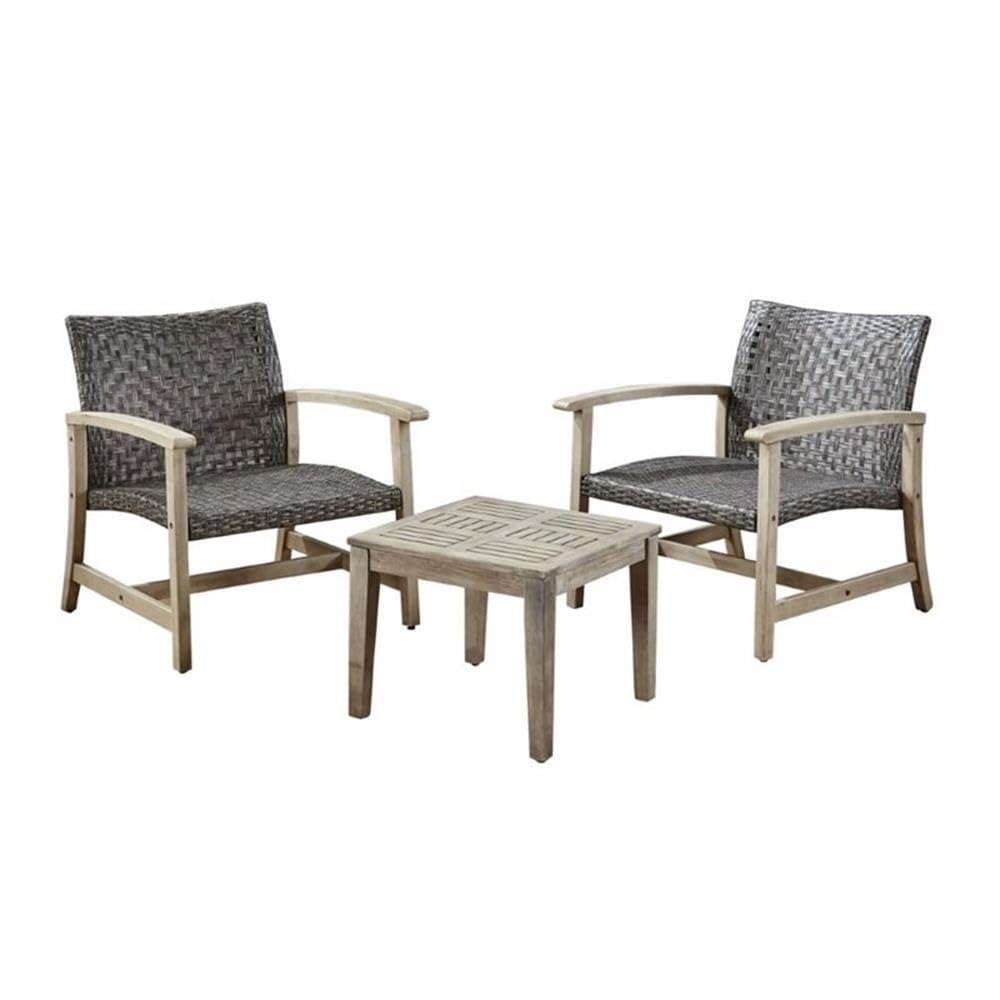 Noble House Hampton 3-Piece Outdoor Patio Furniture Set - Black Wood & Wicker Conversation Set for Garden, Poolside, or Backyard Relaxation