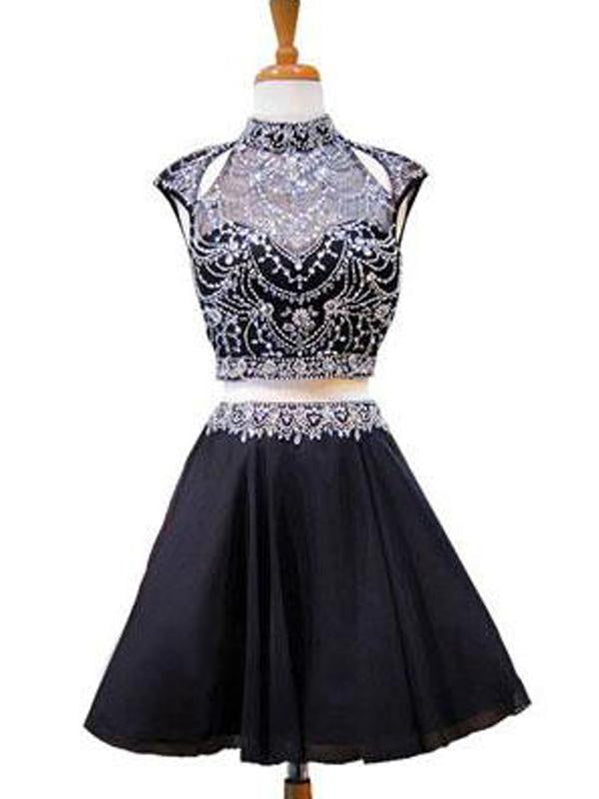 Elegant Black High Neck Beaded Short Two-Piece Homecoming Dress - Perfect for Prom, Party & Special Occasions | CM479