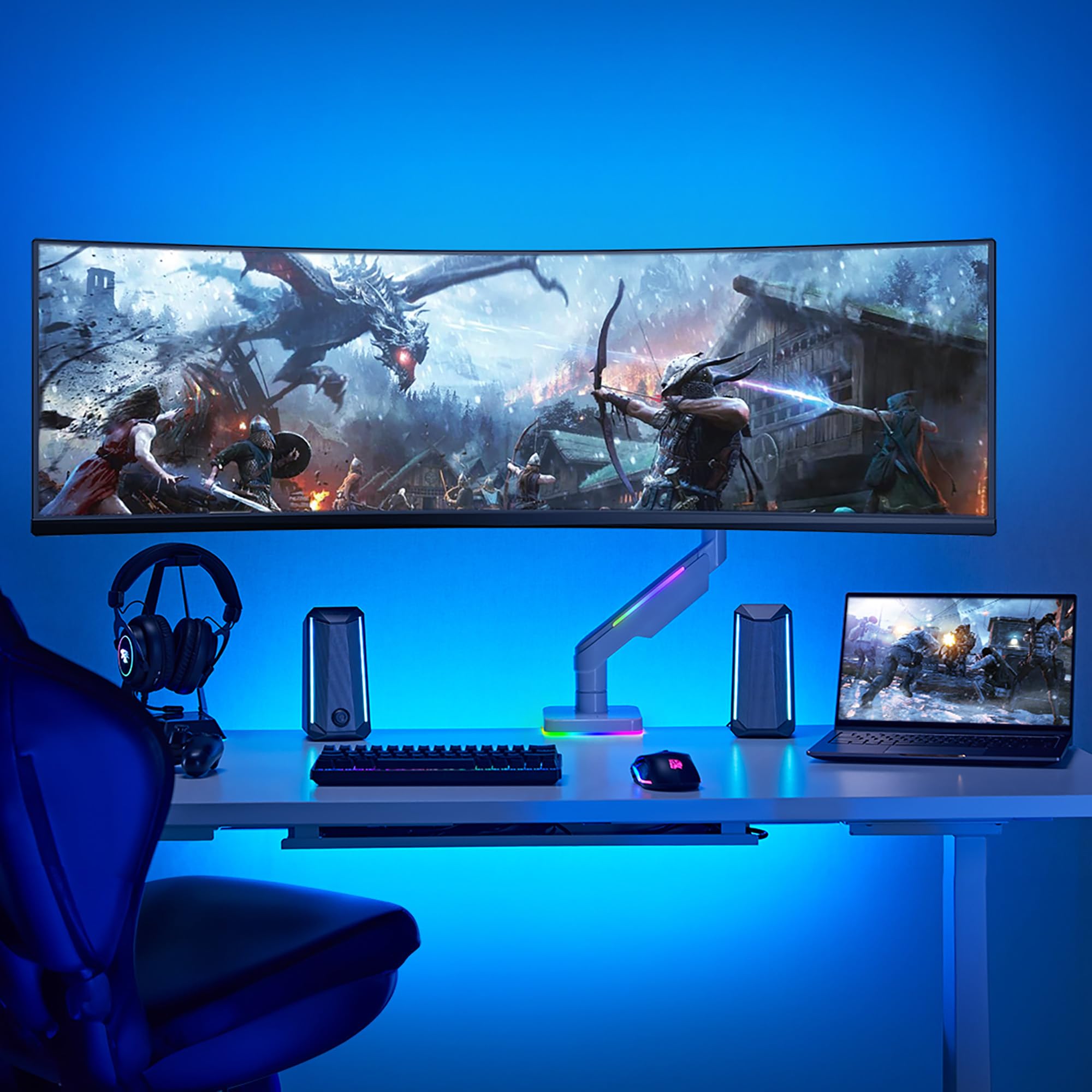 AVLT RGB Gaming Monitor Arm Stand - Adjustable Height, Swivel & Tilt for 17-43 inch Flat/Curved/Ultrawide Screens (Up to 44lbs/20kg) - White | Perfect for Home Office, Streaming Setup & Esports Gaming