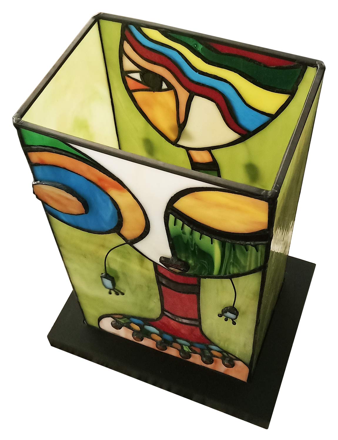 Tiffany Style Small Night Light Table Lamp - Handmade Stained Glass Shade with Wood Base, Cuboid Square Abstract Design for Living Room, Bedroom & Nightstand | Decorative Lighting for Home Decor, Gift Idea