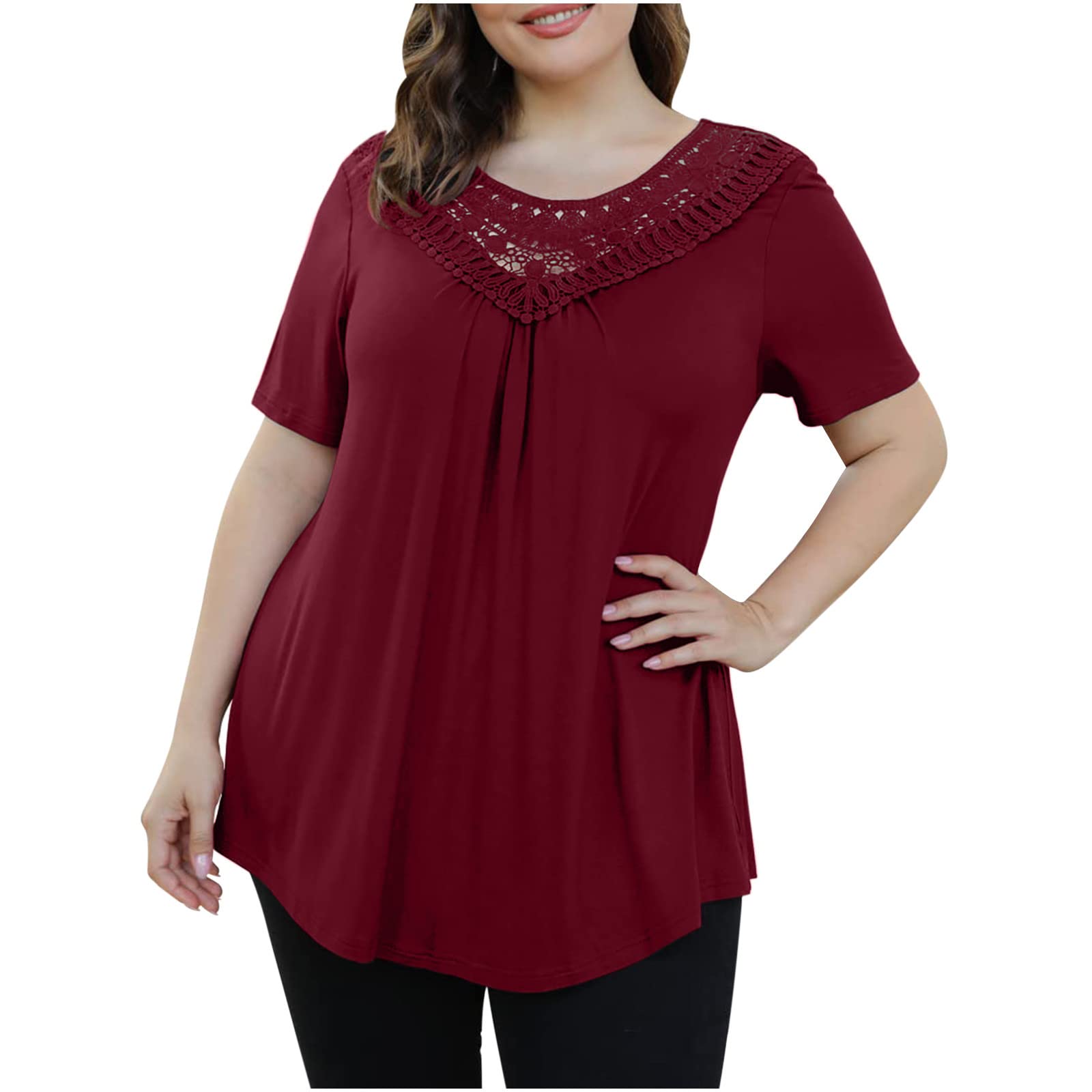 2024 Trendy Plus Size Women's Summer Tops - Flowy V-Neck Lace Patchwork Short Sleeve T-Shirts | Casual Comfortable Tunic Blouse for Beach, Vacation & Everyday Wear