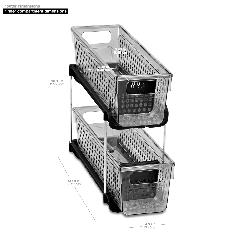 Madesmart Mini 2-Tier Plastic Storage Organizer with Slide-Out Bins - Space Saving Under Sink & Cabinet Organizer for Kitchen, Bathroom, Office - Carbon Black