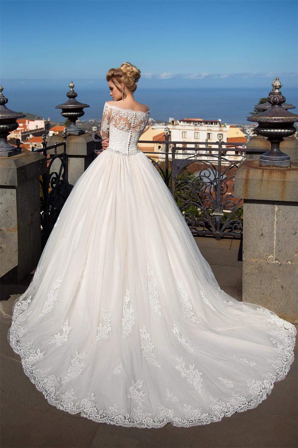 Ivory Lace Beaded Beach Wedding Dress for Bride 2021 - Long Sleeve Princess Bridal Gown - Perfect for Beach Weddings, Outdoor Ceremonies & Romantic Photos
