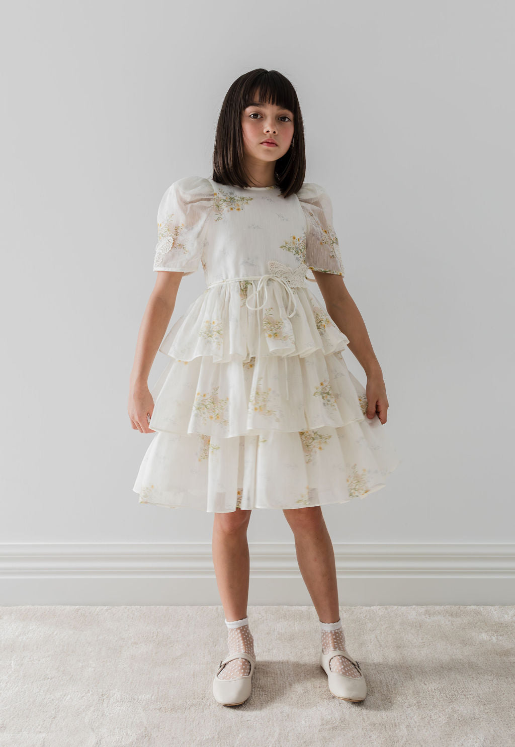 Petite Amalie Elbow Sleeve Floral Butterfly Print Dress for Women | Spring Meadow Flowy Midi Dress | Perfect for Garden Parties, Brunch Dates & Summer Weddings