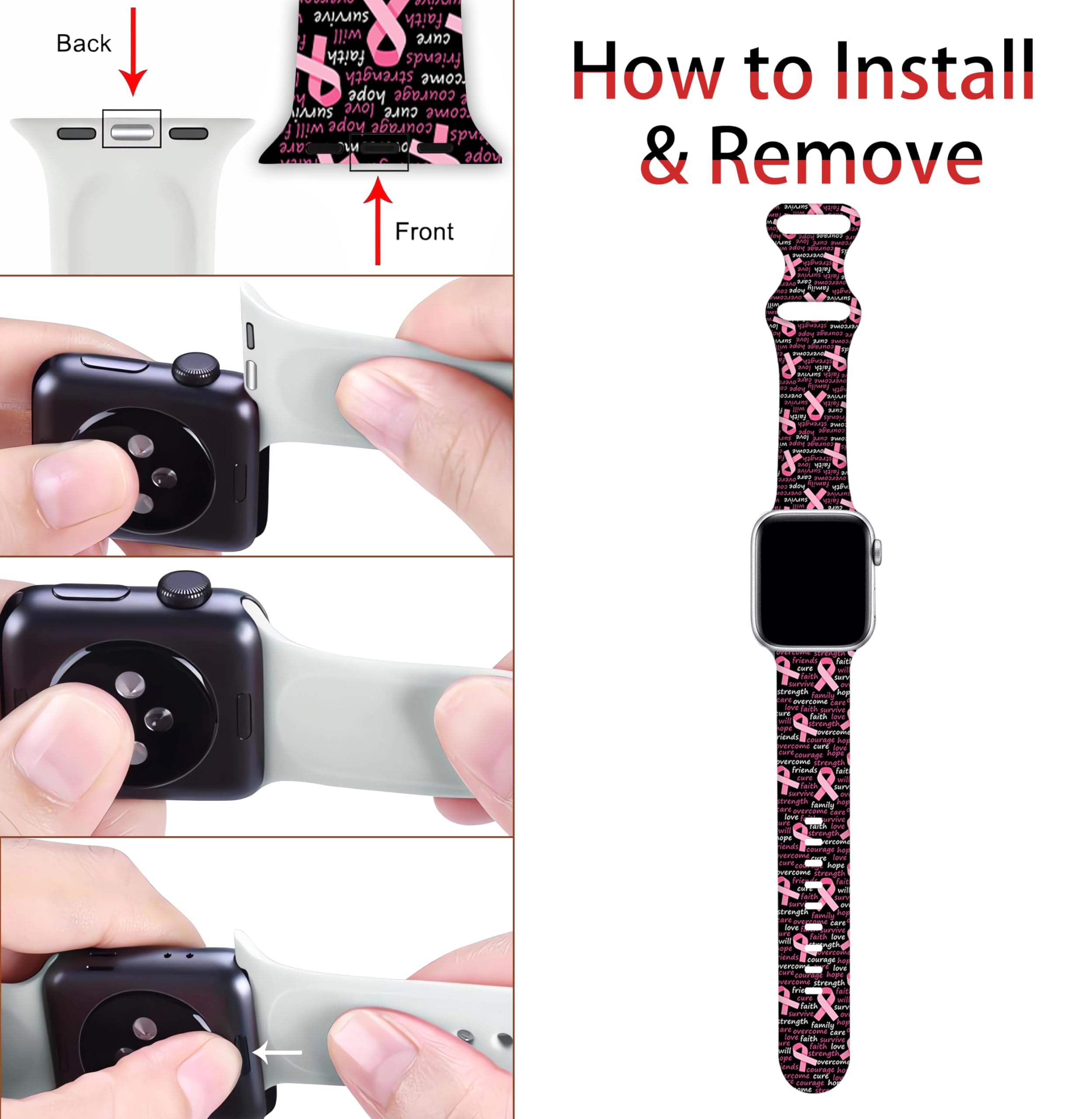 Pink Ribbon Breast Cancer Awareness Smartwatch Band - Soft Silicone Strap Compatible with Apple Watch Series 7/6/5/4/3/2/1/SE (38mm/40mm/41mm) - Support Cancer Research & Show Solidarity - Perfect for Daily Wear, Workouts, and Charity Events