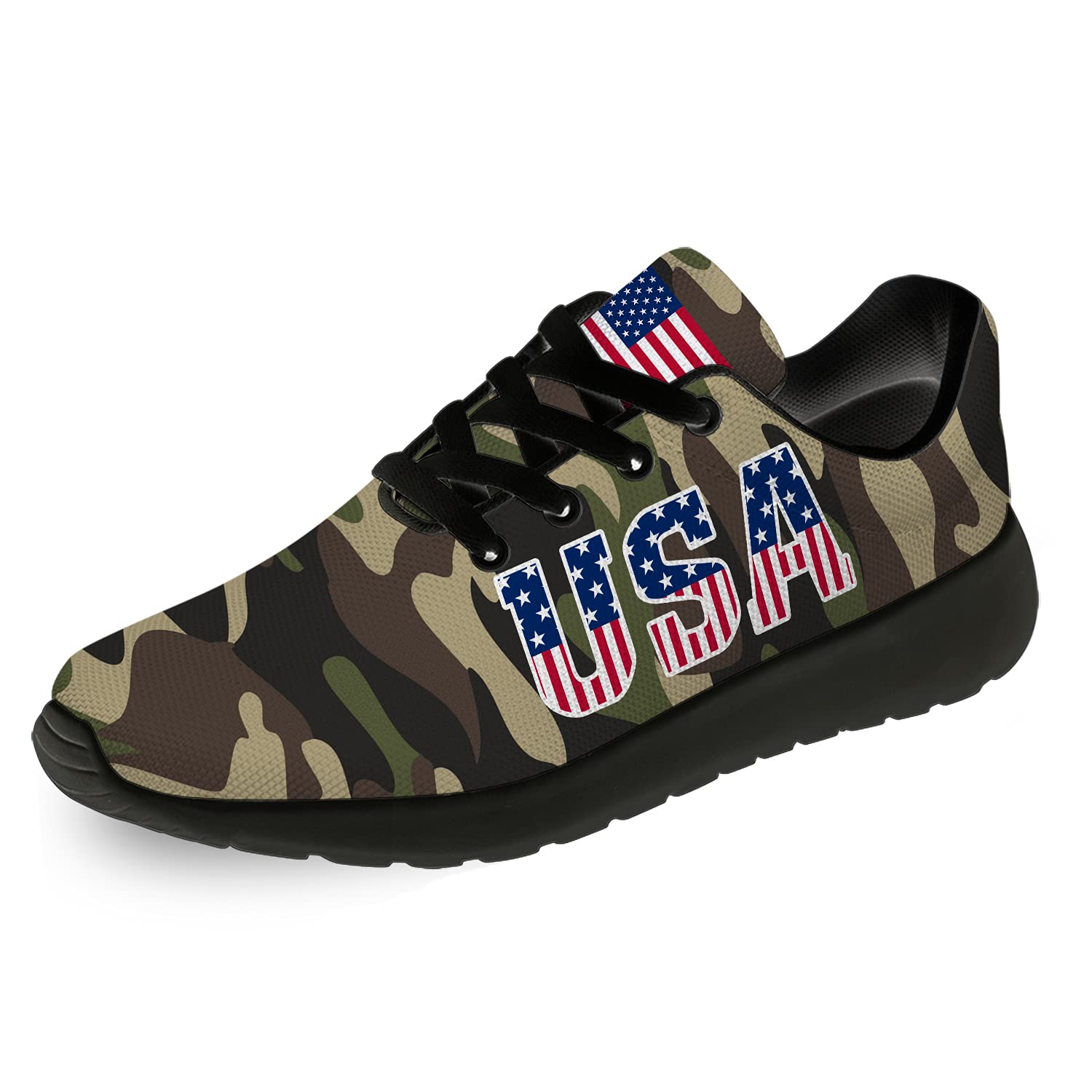 **Ciadoon USA Flag Running Shoes for Men & Women - Patriotic Green Camouflage Tennis Sneakers - Comfortable Walking & Jogging Shoes - Size 13 Men/15.5 Women Black - Perfect for 4th of July, Veterans Day & Outdoor Activities**