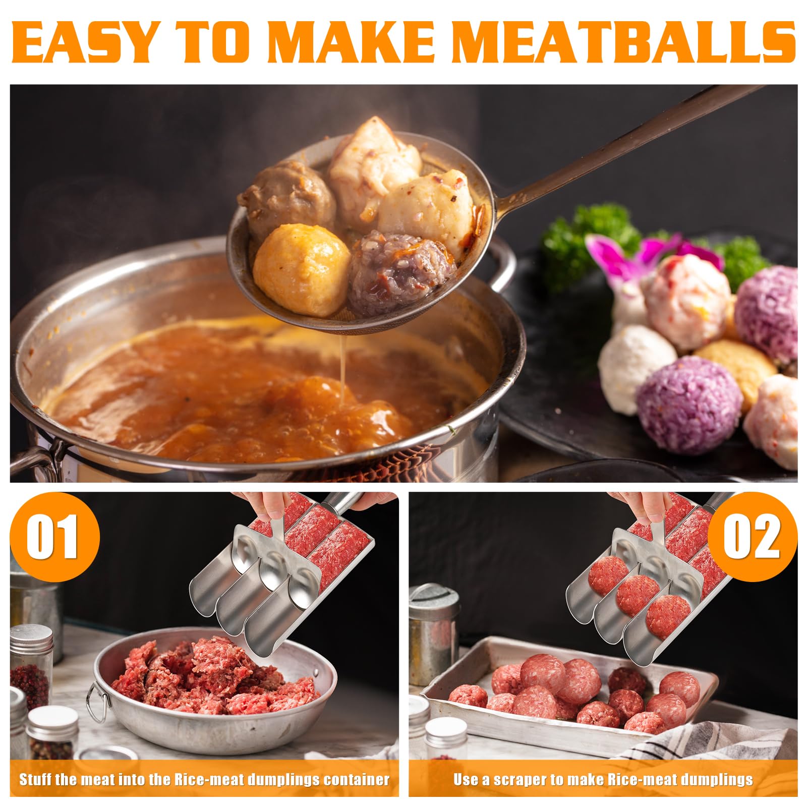 3-in-1 Stainless Steel Meatball Maker Tool - Non-Stick Kitchen Scoop for Perfect Homemade Meatballs | Ideal for Meatball Subs, Pasta Dishes & Family Cooking