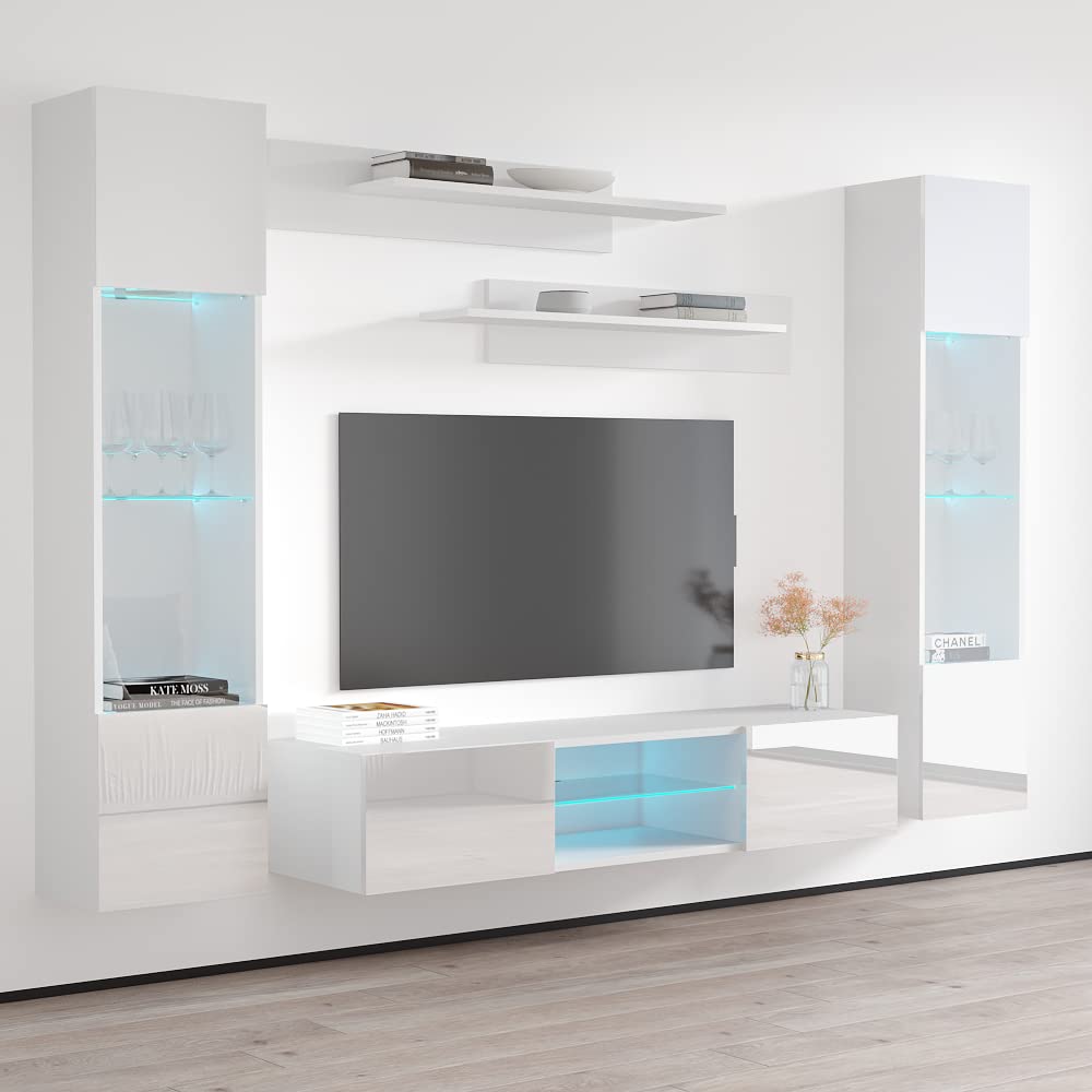 Modern Floating TV Stand with Storage Shelves & LED Lights - Wall-Mounted Entertainment Center Console for Bedroom & Living Room - Space-Saving TV Cabinet for Small Apartments & Home Theaters - White