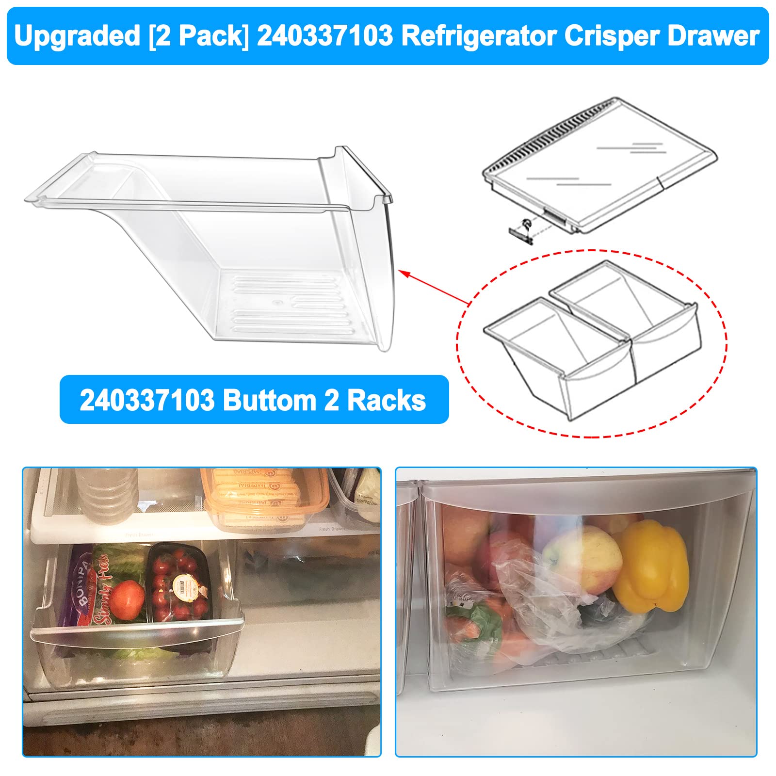 Upgraded 2-Pack Refrigerator Crisper Drawers Bins - Compatible with Frigidaire & Kenmore Models (Replacement for 240337100, AP2115741, 240323007) - Food-Grade Plastic - Perfect for Fresh Produce Storage in Your Fridge