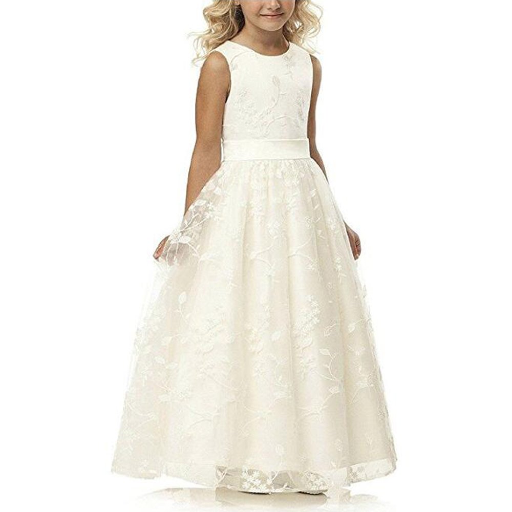 Elegant Lace Flower Girl Dress with Belt - A-Line Pageant & Wedding Gown for Girls Ages 2-12 | Perfect for Weddings, Pageants, and Special Occasions