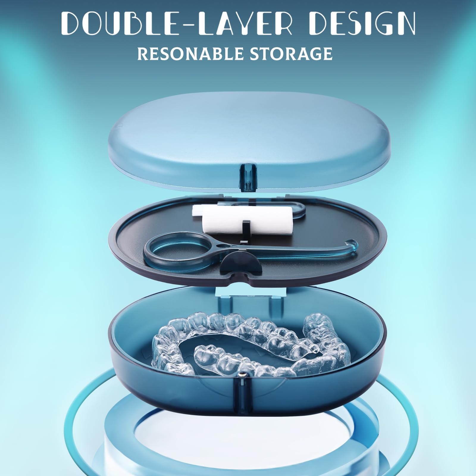 Double-Layer Orthodontic Retainer Case with Belt Chewing, Removal Tool, Cleaning Brush & Built-in Mirror - Perfect for Retainers, Mouth Guards, Dentures - Travel, Gym & Daily Storage Solution