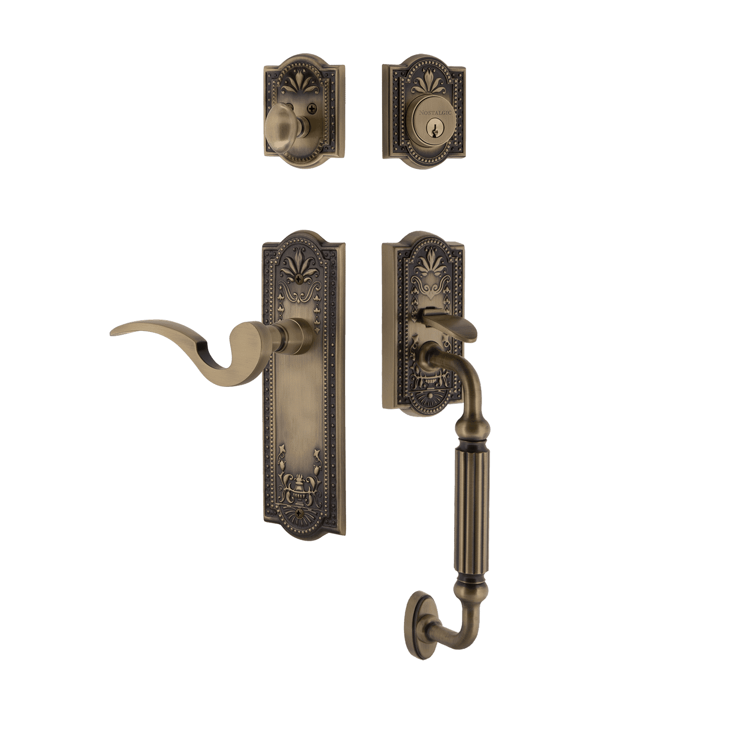 Antique Brass Meadows Handleset with F Grip & Long Plate - Manor Lever Door Handle for Home & Office - Perfect for Interior Doors, Cabinets, and Furniture Hardware
