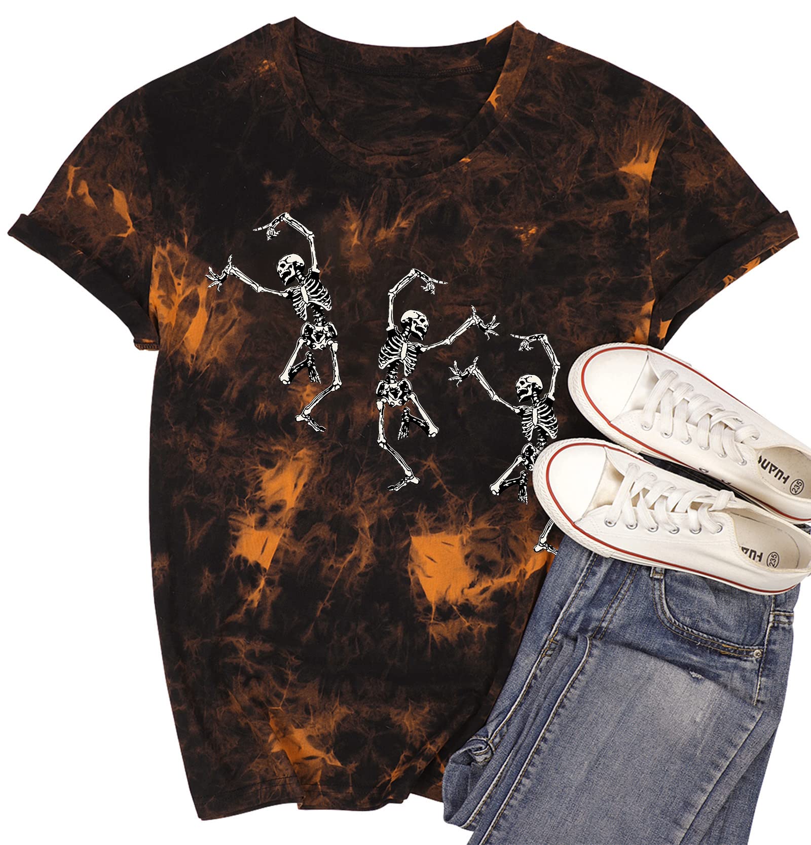 Women's Happy Halloween Dancing Skeleton T-Shirt - Fall Skull Graphic Tee Top Blouse Gift for Costume Parties & Spooky Season