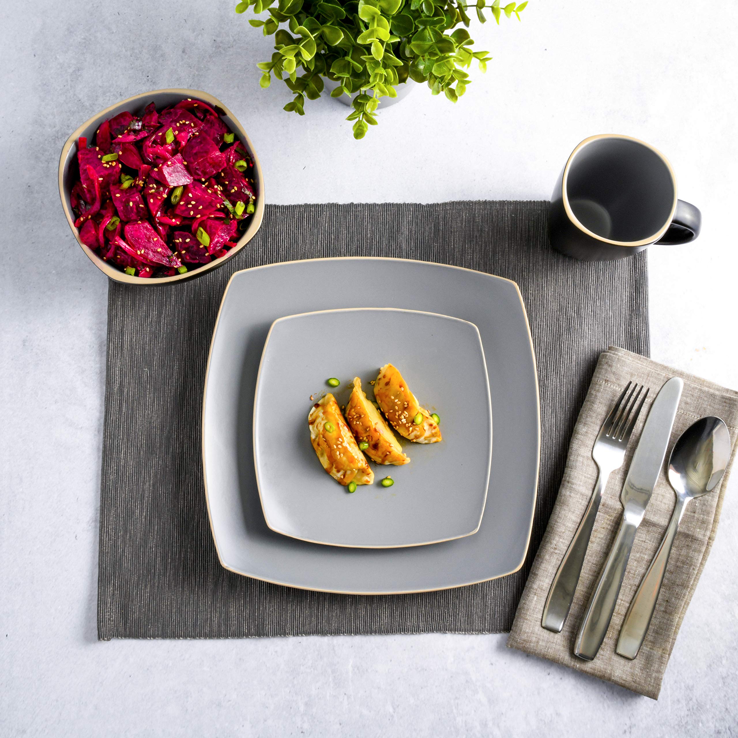 Premium Gibson Elite Soho Lounge 16-Piece Dinnerware Set for 4 - Matte Gray Stoneware Plates, Bowls & Mugs - Elegant Modern Tableware for Dining, Entertaining & Everyday Use