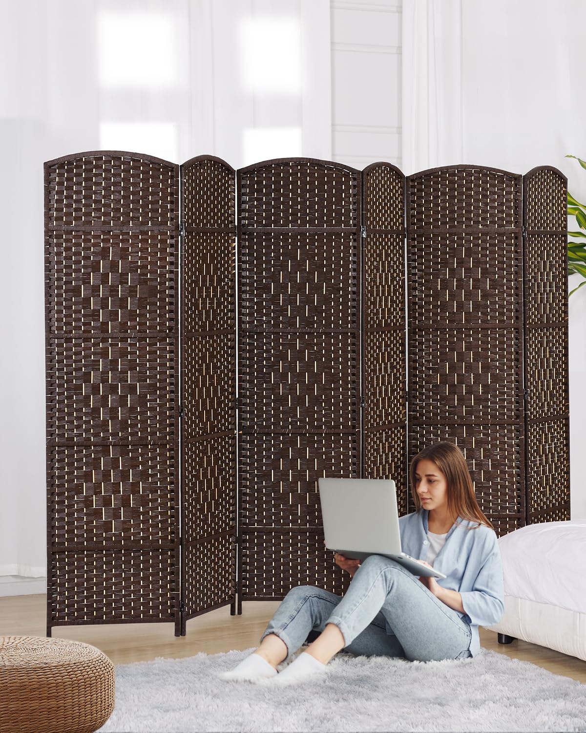 JOSTYLE 6ft Tall Extra Wide Folding Room Divider Privacy Screen - Diamond Double-Weave Freestanding Partition for Home Office, Bedroom & Living Room (Brown, 6-Panel) - Perfect for Creating Private Spaces in Open Areas