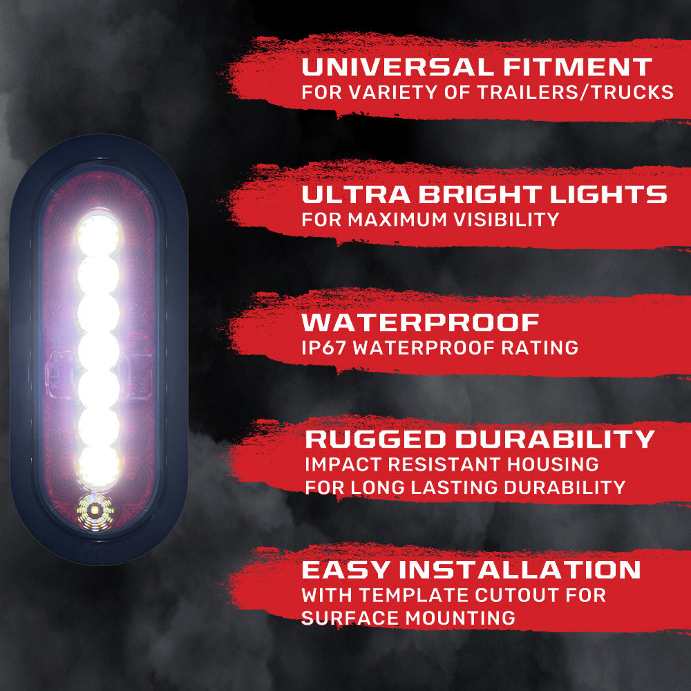 Universal 2-Piece Red & White Oval LED Trailer Tail Lights - Red Running, Brake, Turn Signals & White Reverse Backup Lights for Trucks, Trailers, RVs - Durable Waterproof Design for Heavy-Duty Towing & Hauling
