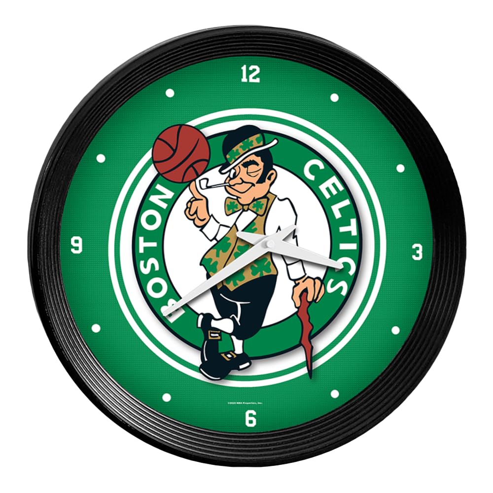 NBA Boston Celtics Ribbed Frame Wall Clock - Officially Licensed Sports Decor for Home, Game Room, Fan Cave & Garage - Made in USA - Perfect for Celtics Fans & Sports Themed Room Decor