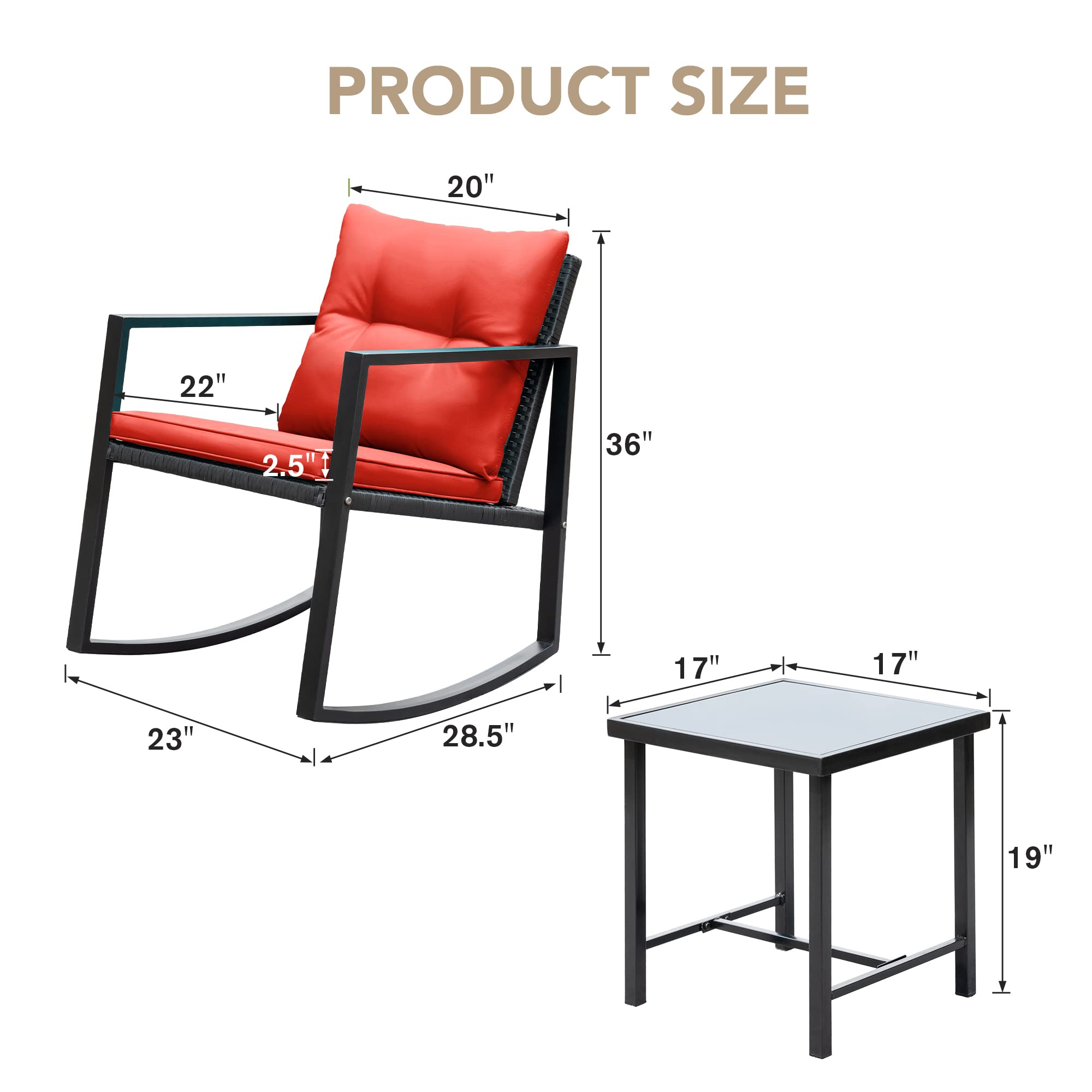 Devoko 3-Piece Wicker Patio Furniture Set - Outdoor Rocking Bistro Chairs with Glass Coffee Table - Red Conversation Set for Porch, Garden & Backyard Relaxation